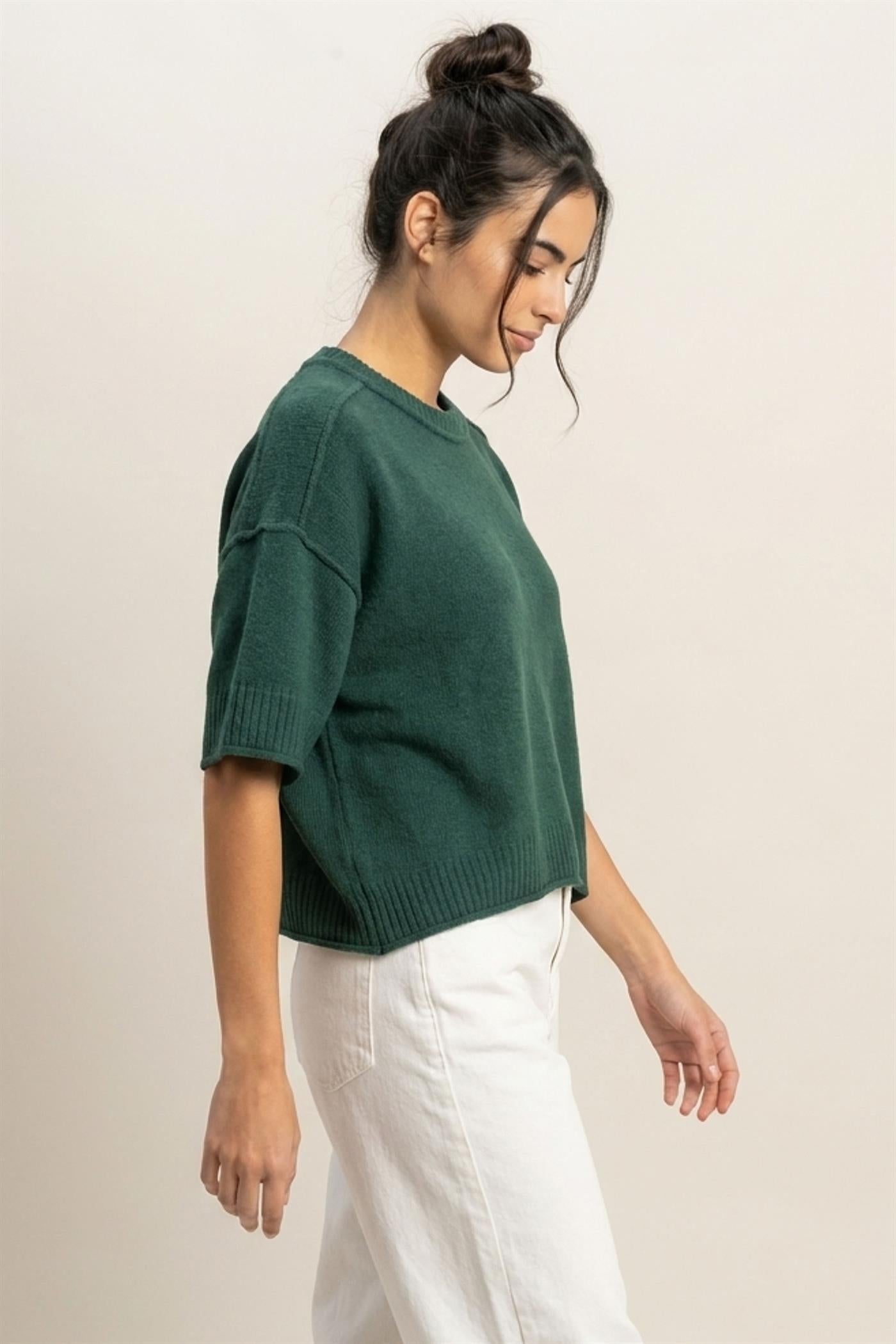 Wholesale Seam Detail Short Sleeve Knit Top Clothing Tops DZ26A827 DARK GREEN DOUBLE ZERO