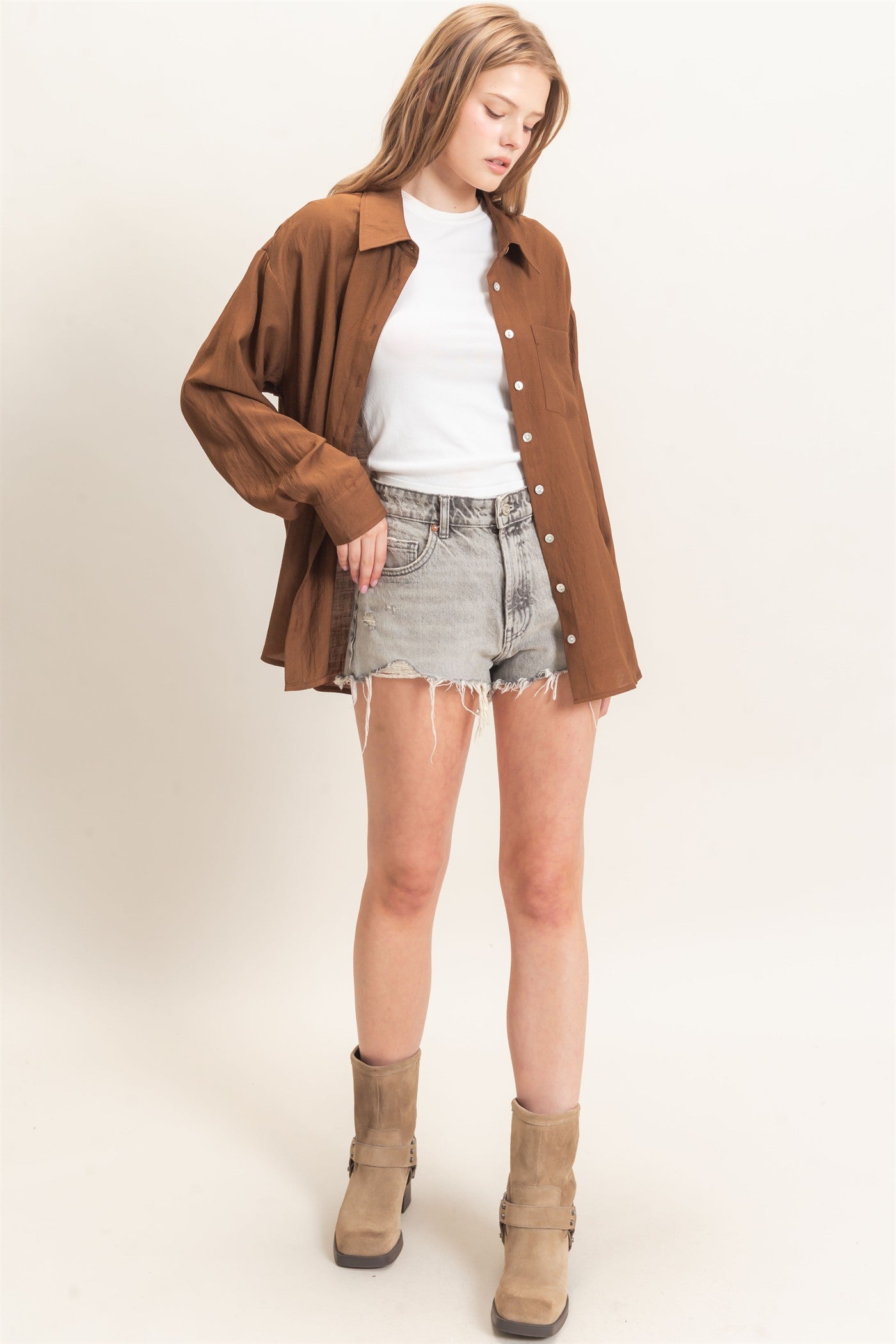 Wholesale Crinkled Button-Up Shirt Clothing Tops HF26E691 BROWN HYFVE