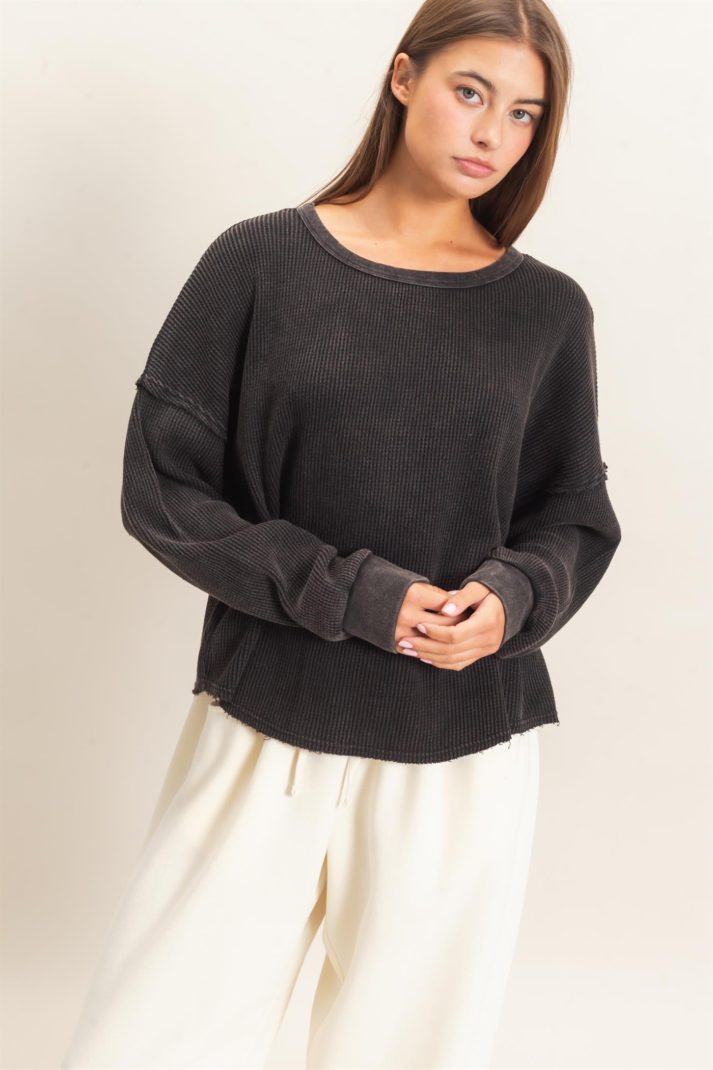Wholesale Mineral Wash Waffle Oversized Top Clothing Tops DZ26E248 BLACK DOUBLE ZERO