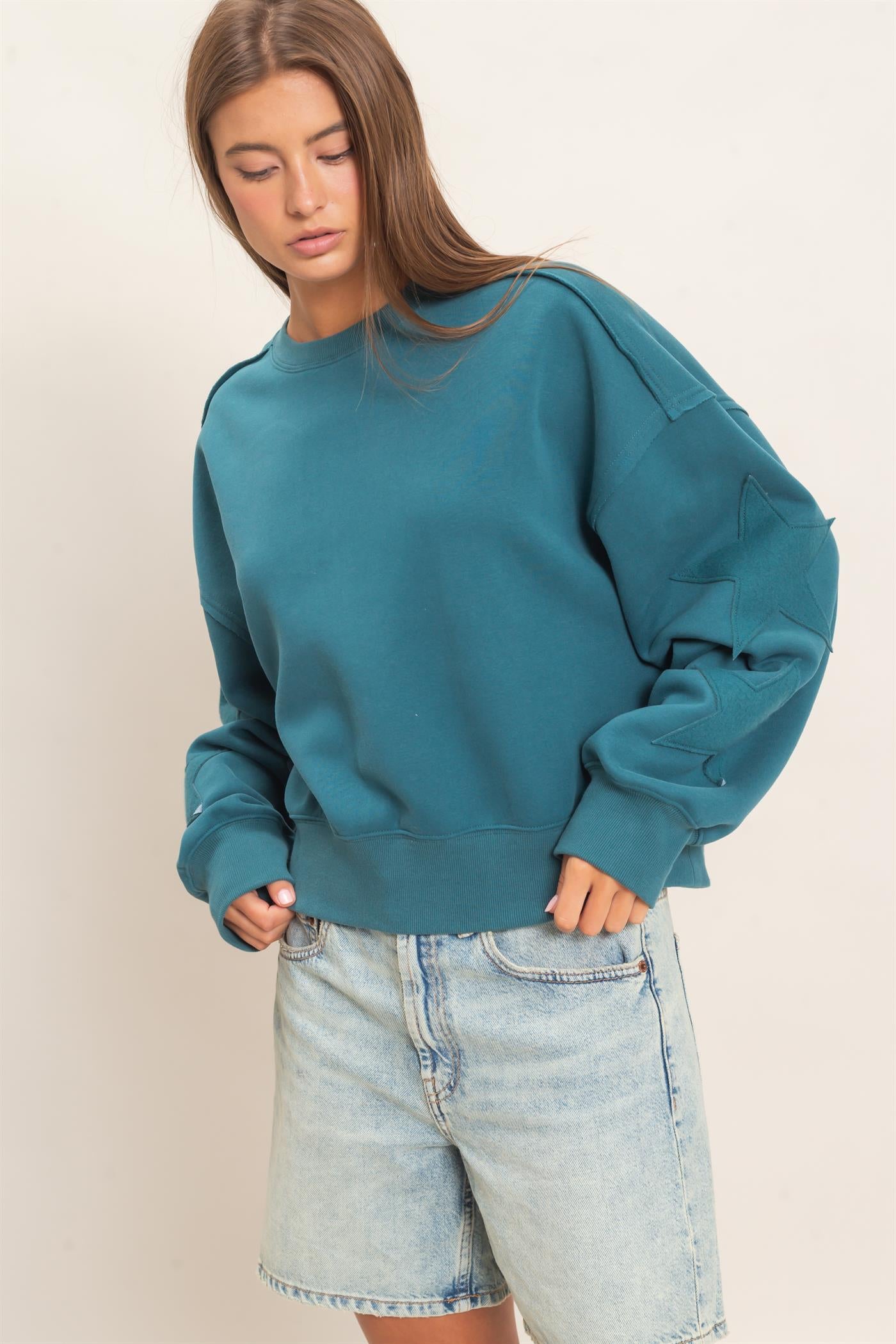 Wholesale Star Patch Sleeve Sweatshirt Sweatshirts DZ26E888 DARK TEAL DOUBLE ZERO