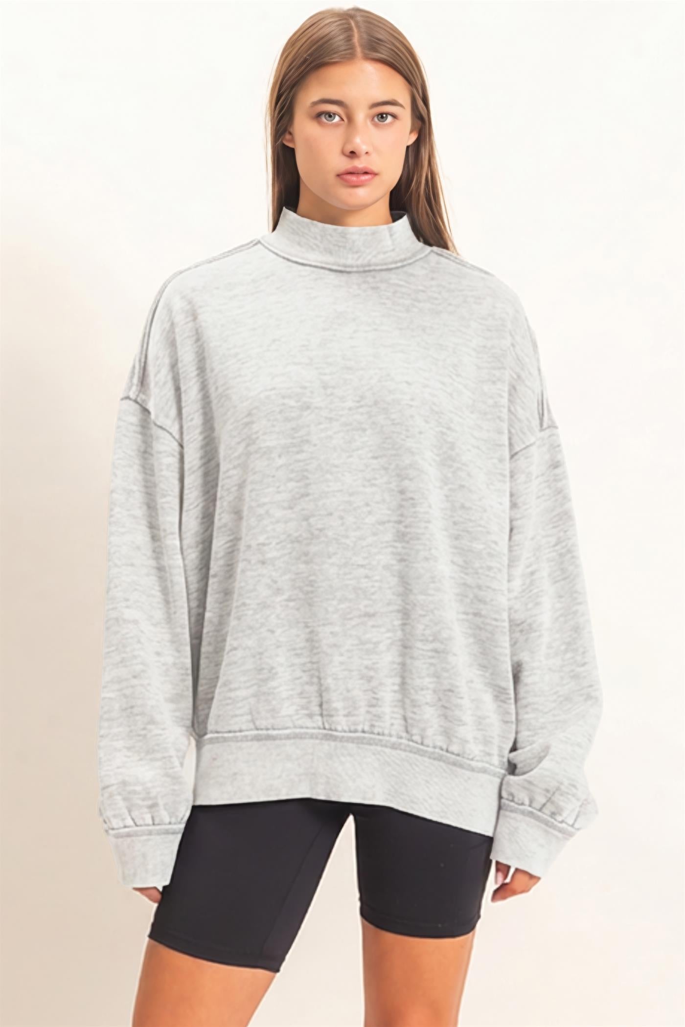 Wholesale Acid Washed Mock Neck Sweatshirt Sweatshirts DZ26E656 HEATHER GRAY DOUBLE ZERO