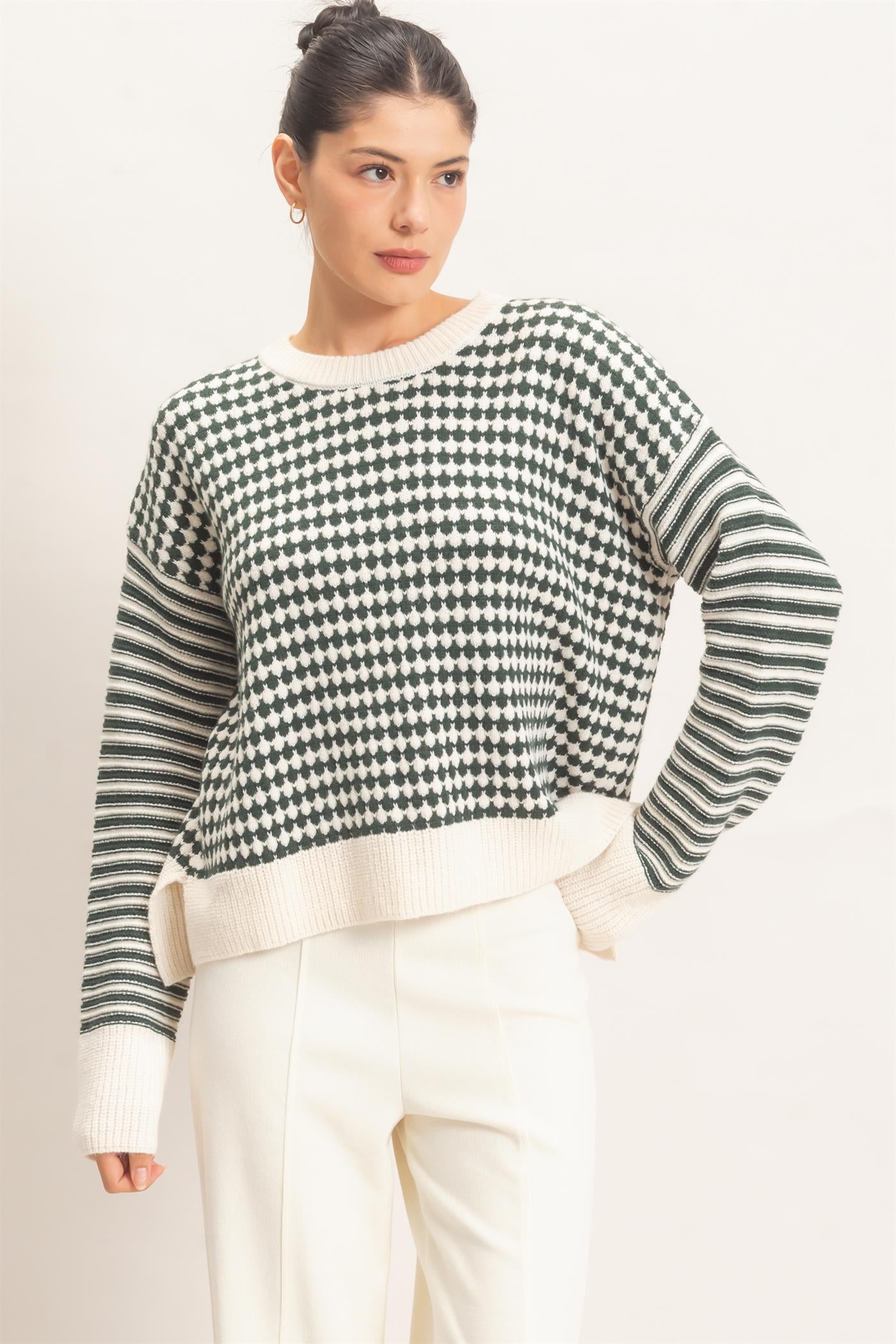 Wholesale Mixed Pattern Long Sleeve Sweater Sweaters HF26E821 HUNTER GREEN HYFVE