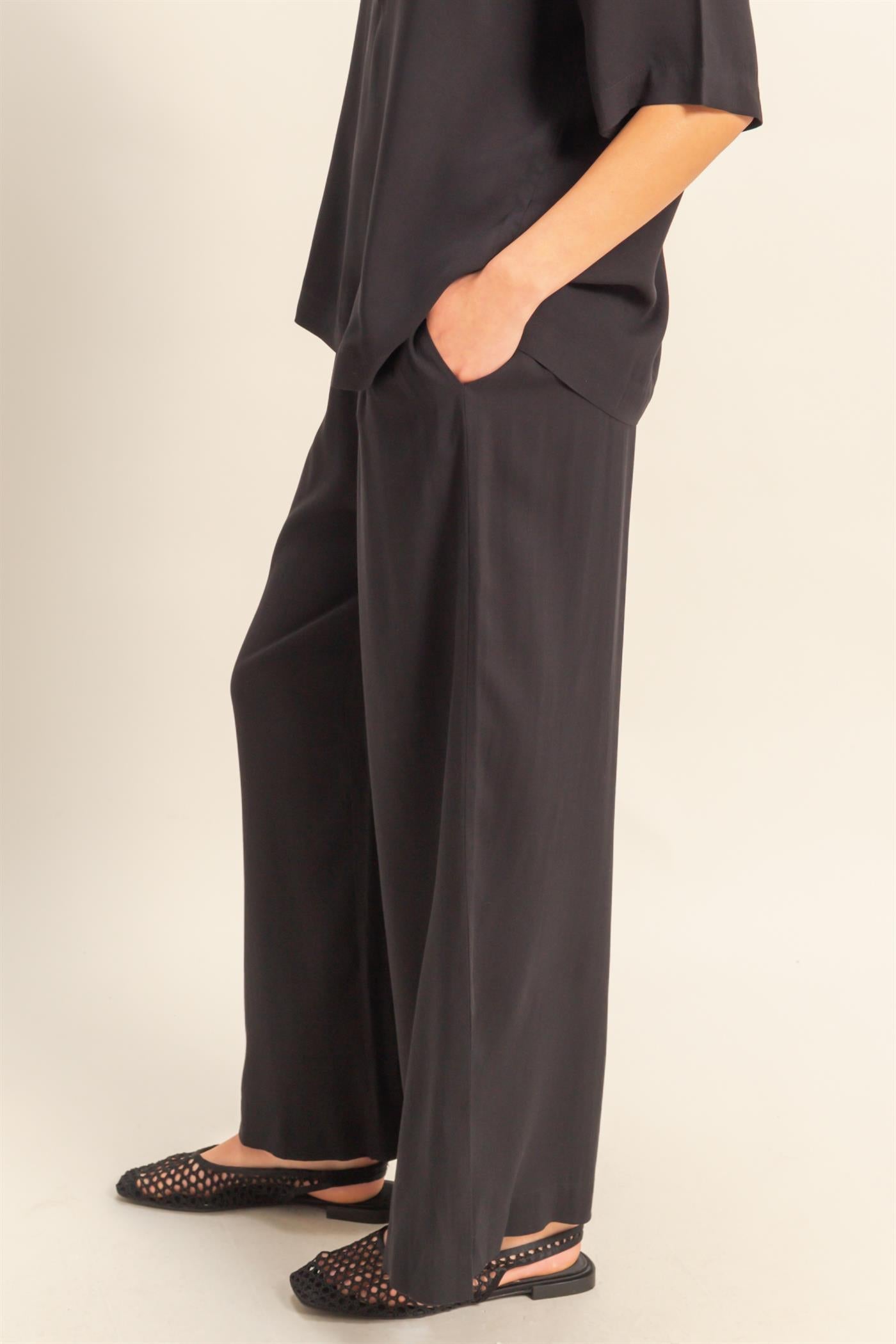 Wholesale High Waist Woven Wide Leg Pants Pants DZ25C192 BLACK DOUBLE ZERO