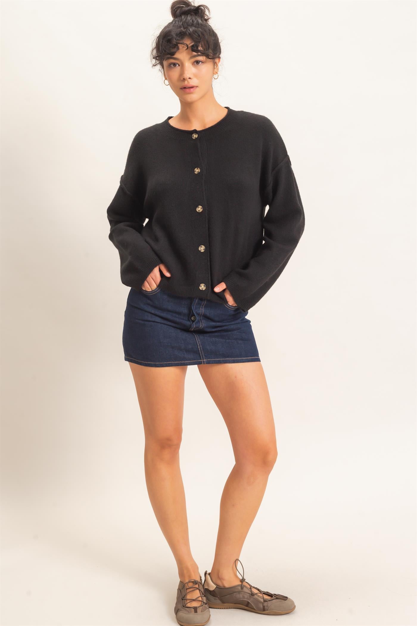 Wholesale Crew Neck Loose Fit Cardigan Cardigans DZ26E269 BLACK DOUBLE ZERO