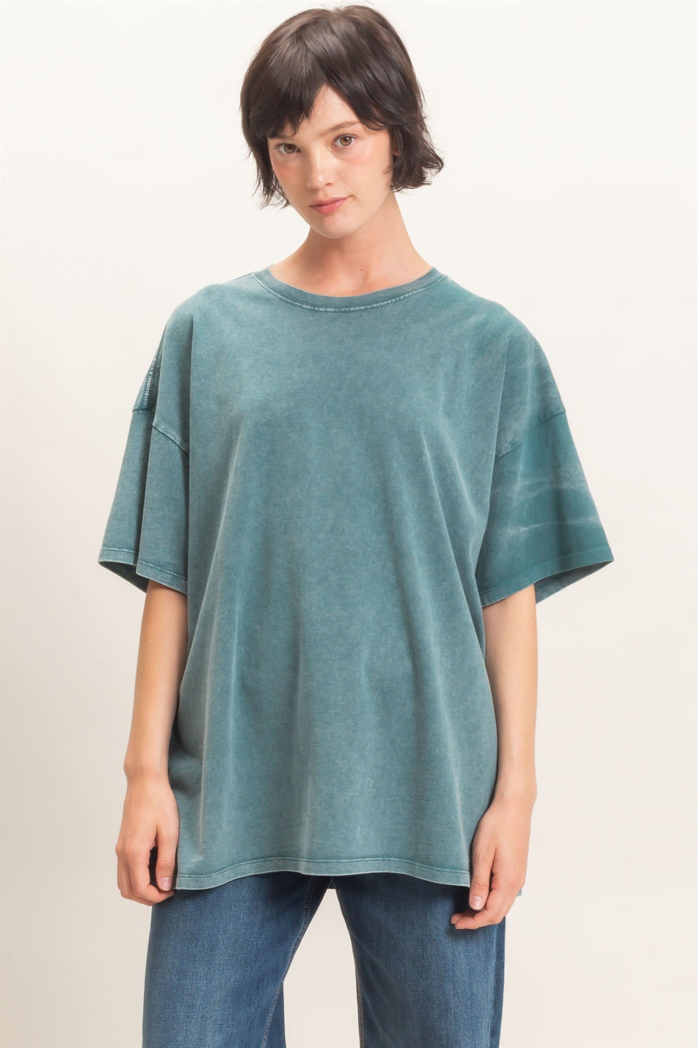 Wholesale Mineral Wash Oversized Crew Neck T-Shirts Clothing Tops DZ26C961 DARK TEAL DOUBLE ZERO
