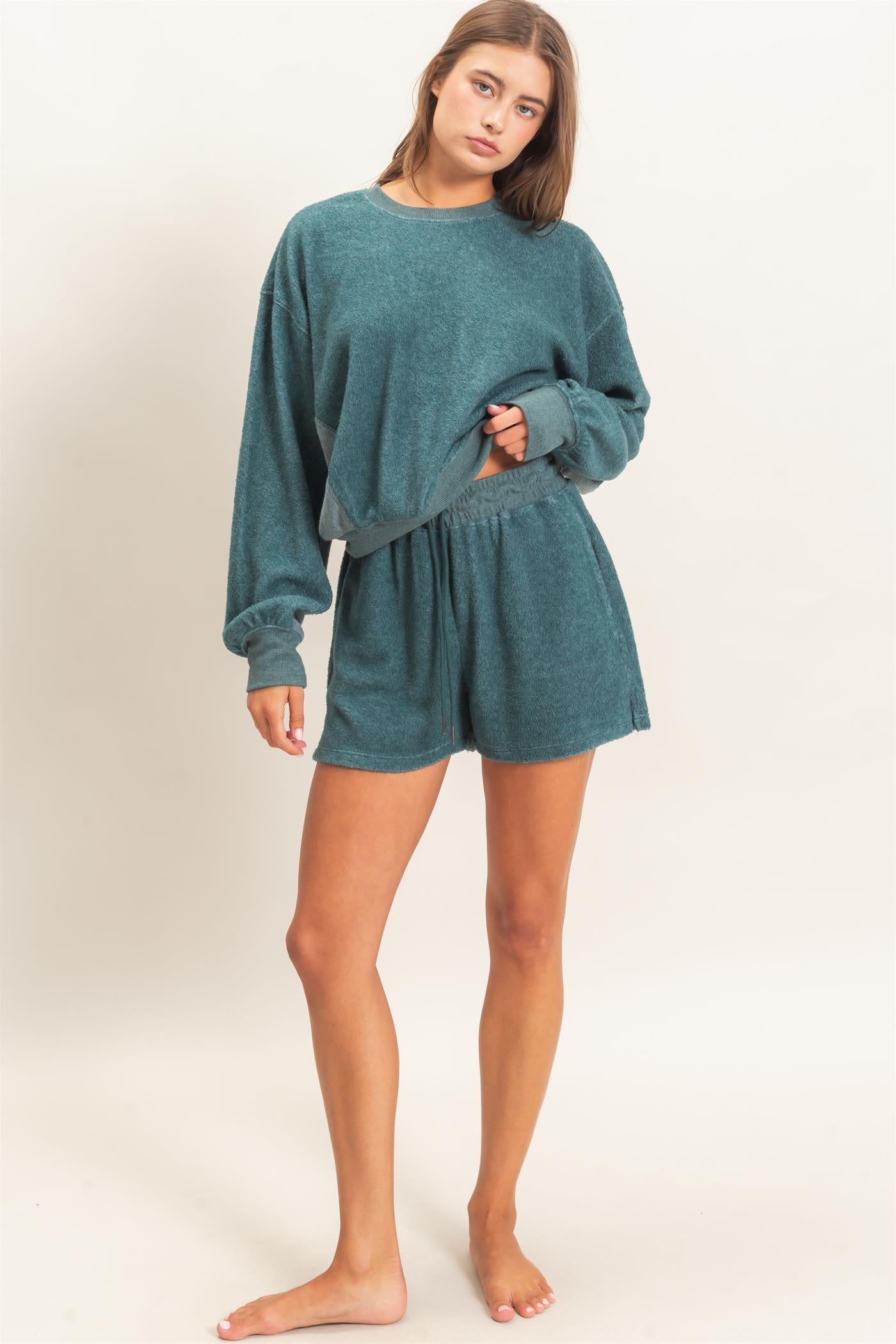 Wholesale Contrast Sweatshirt & Shorts Set Clothing DZ25F478-SET DARK TEAL DOUBLE ZERO