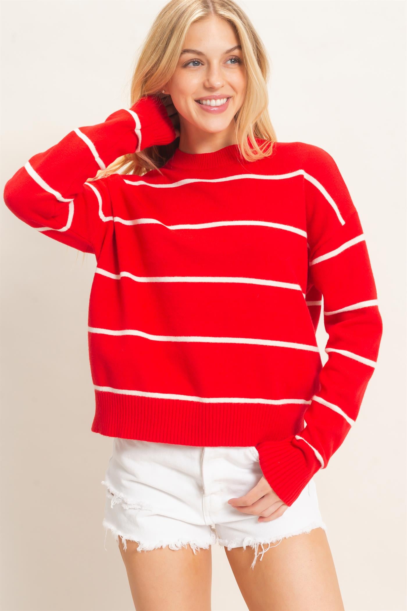 Wholesale Striped Ribbed Crew Neck Sweater Sweaters HF26F169 RED HYFVE