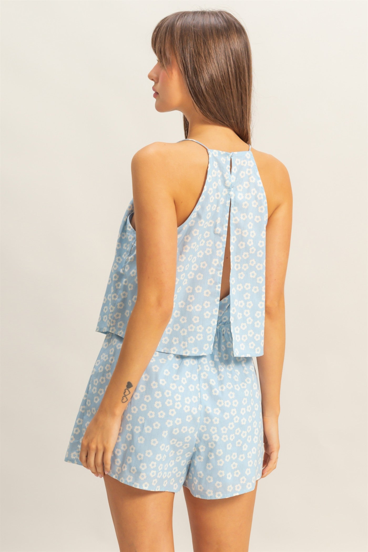 Wholesale Ditsy Print Halter Neck Open Back Romper Clothing HF25E128 BLUE HYFVE