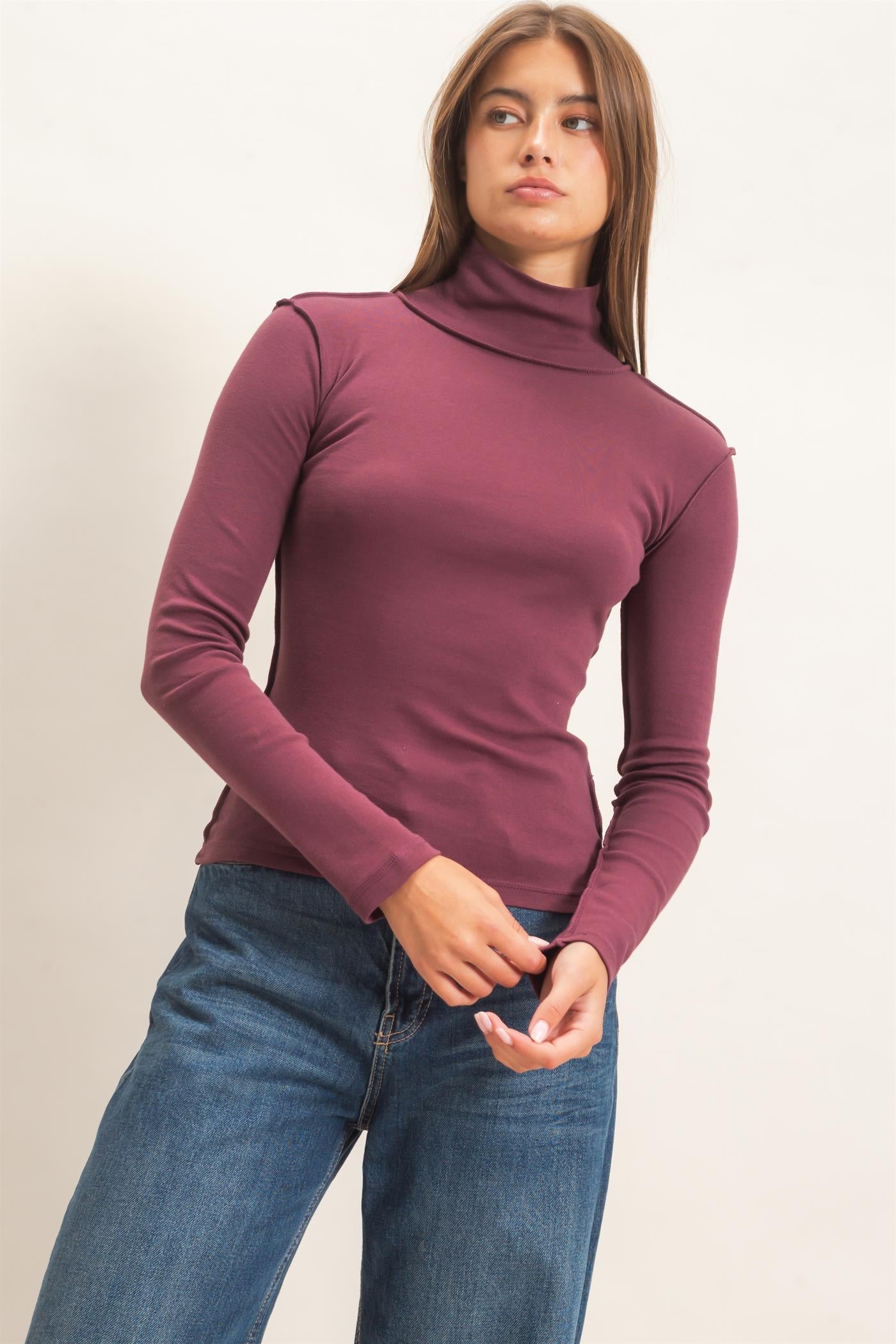 Wholesale Turtleneck Exposed Seam Long Sleeve Top Clothing Tops DZ26F241 DARK CHERRY HYFVE