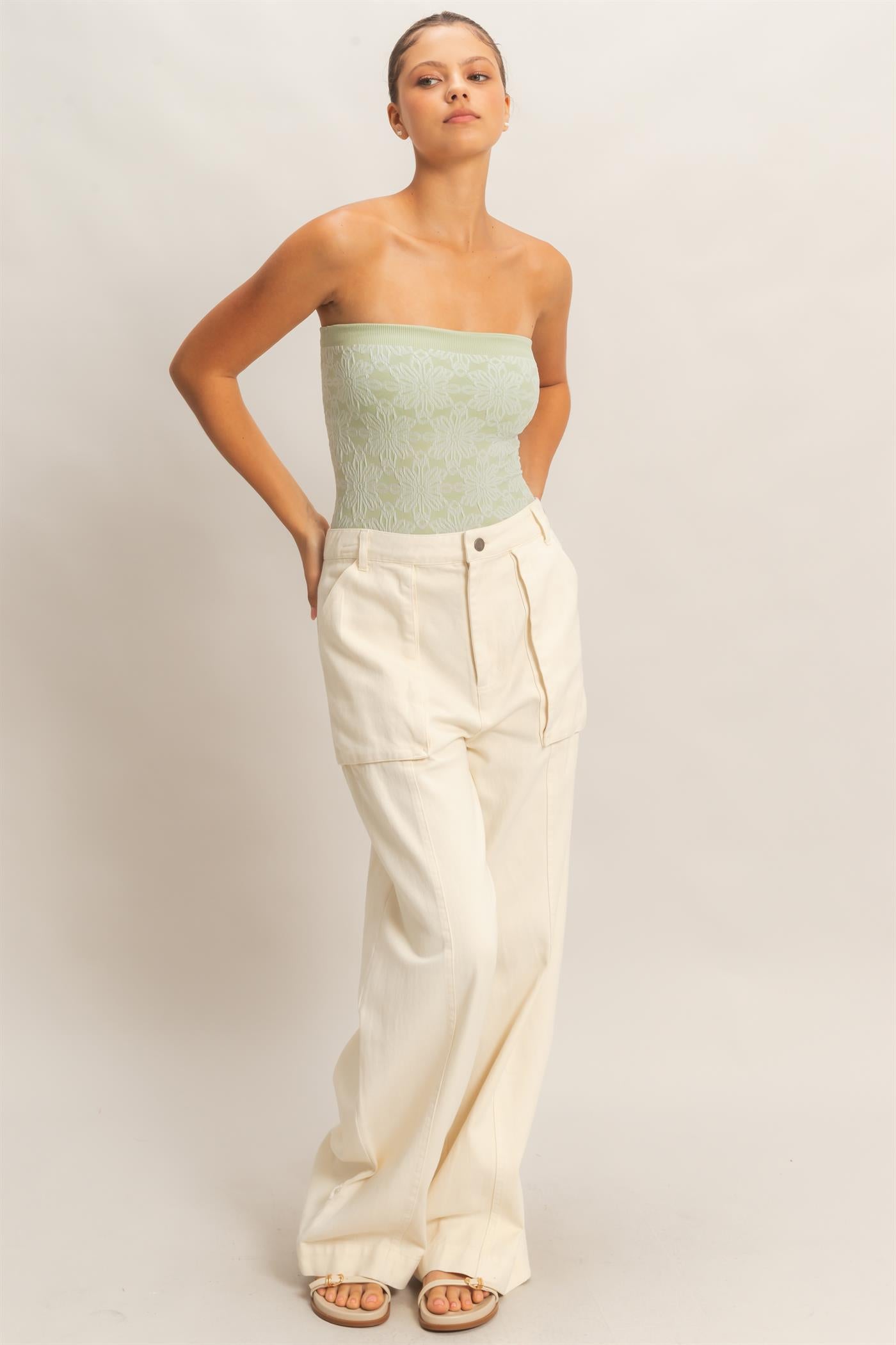 Wholesale High Rise Cargo Pants With Ankle Ties Pants DZ24C156 CREAM DOUBLE ZERO