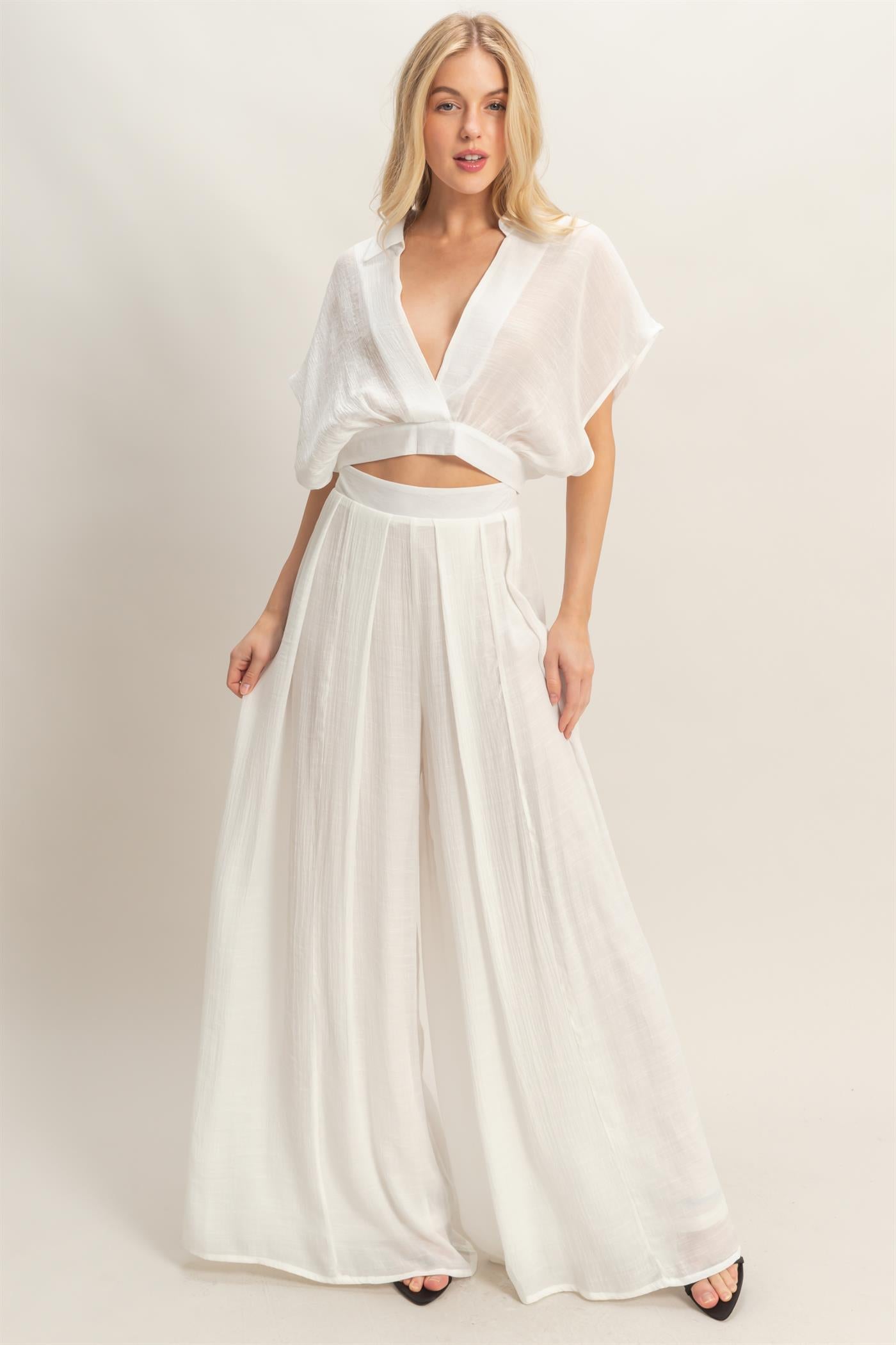Wholesale Collared Wrap Top & Wide-Leg Pants Set Clothing HF26C286-SET-D WHITE HYFVE