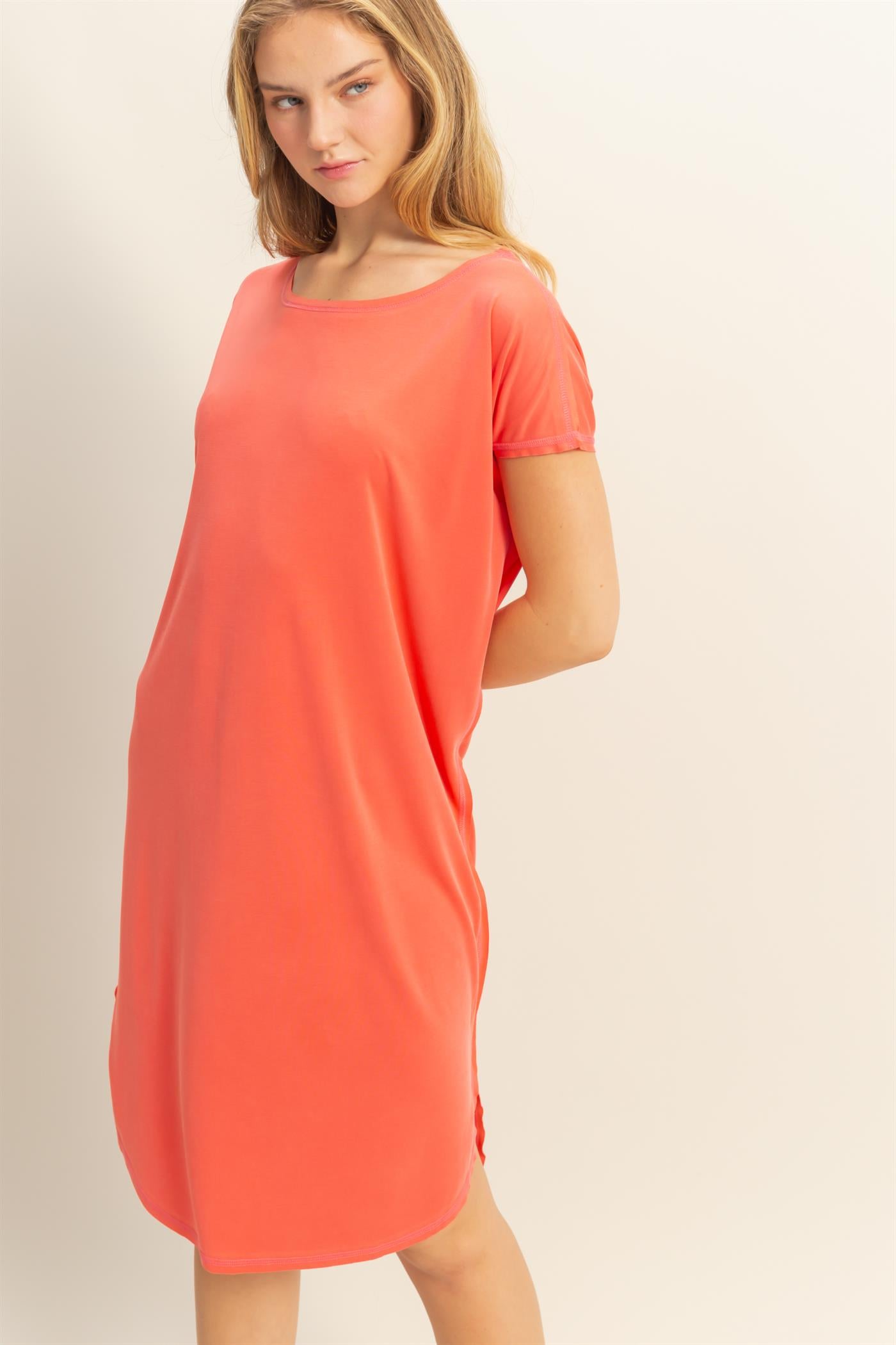 Wholesale Soft High Low Midi Dress  With Round Hem Dresses DZ25E307 CORAL DOUBLE ZERO