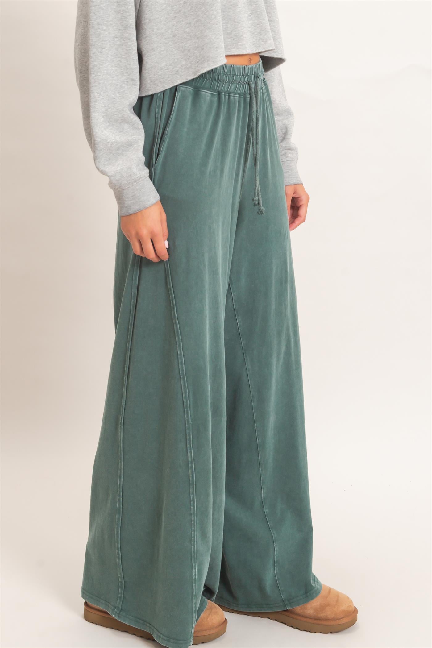 Wholesale Wide Leg Mineral Wash Pants Pants DZ26F406 DARK GREEN DOUBLE ZERO