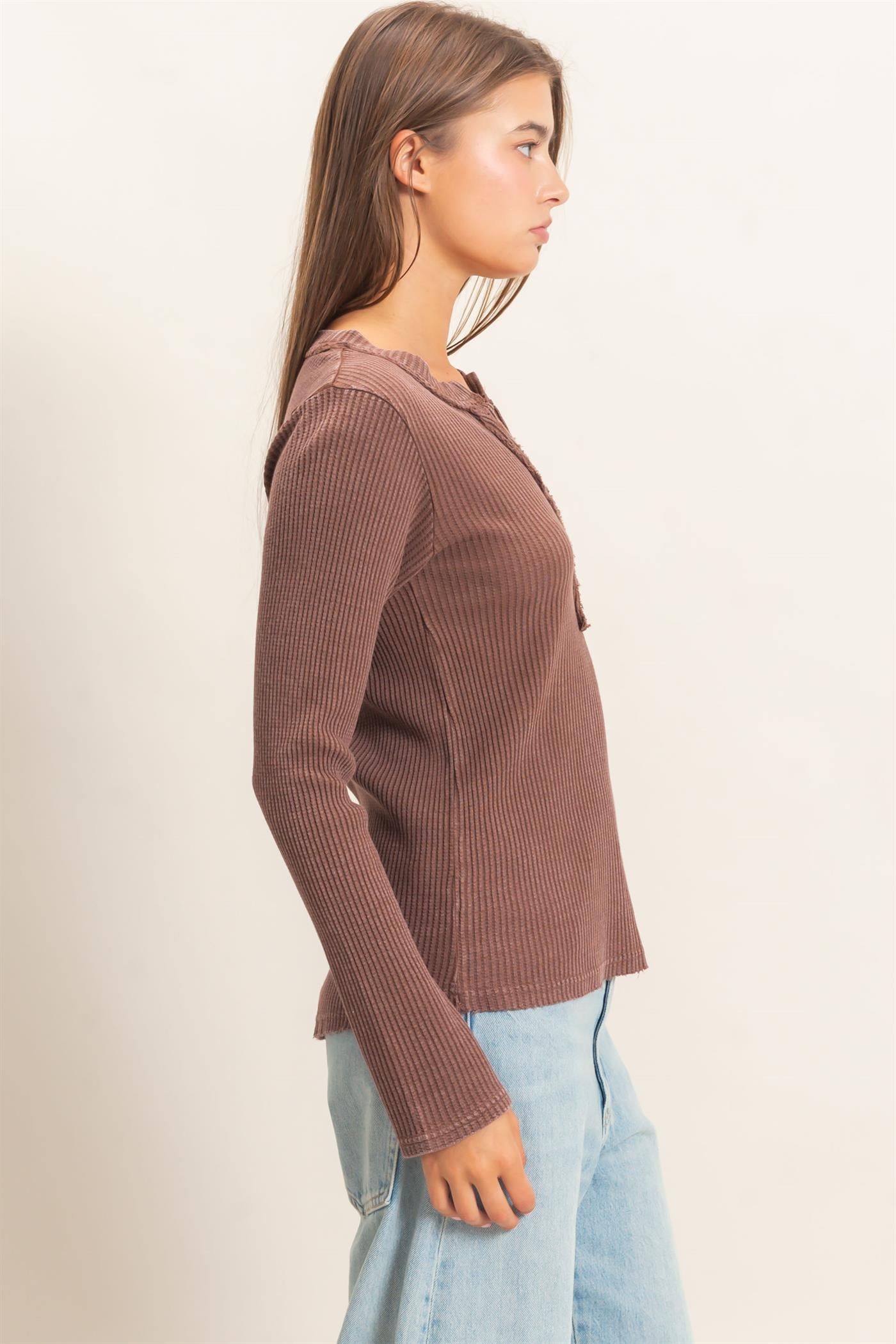 Wholesale Mineral Wash Waffle Henley Long Sleeve Top Clothing Tops DZ26E243 DARK BROWN DOUBLE ZERO