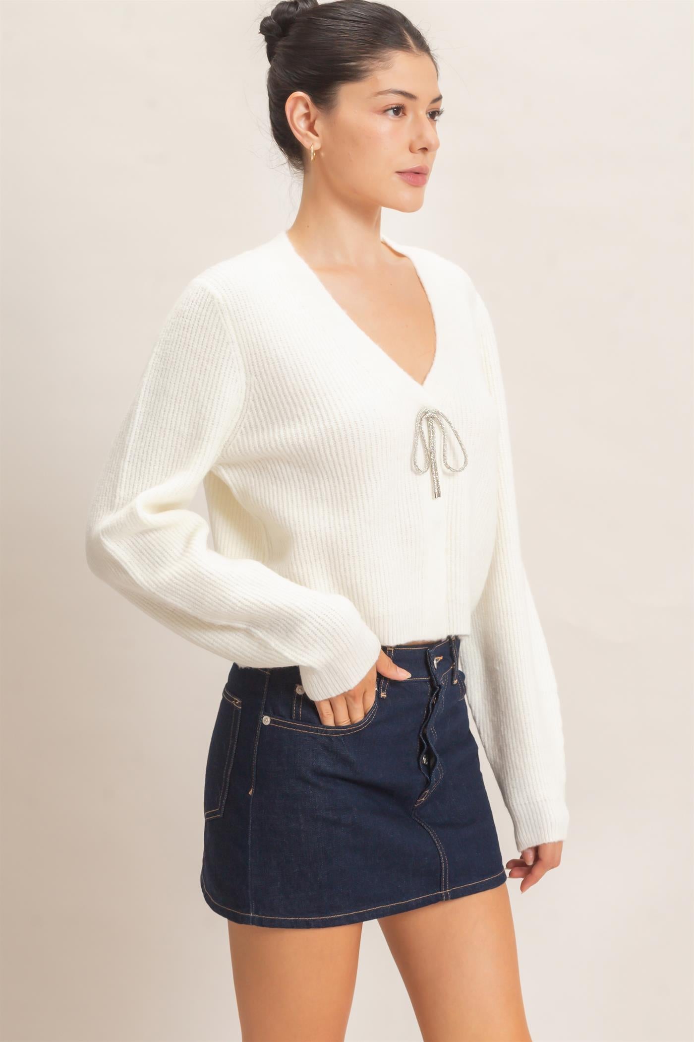 Wholesale Rhinestone Bow Tie-Front Sweater Cardigans HF26F183-D CREAM HYFVE