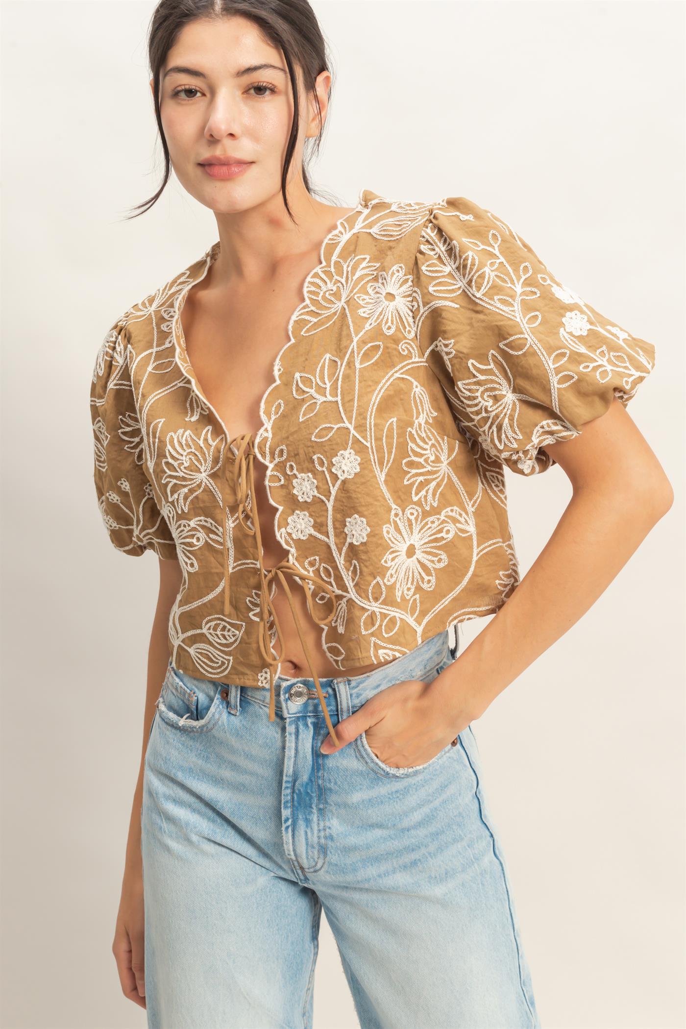 Wholesale Floral Embroidered Tie-Front Top Blouses HF26C556-D LIGHT BROWN HYFVE