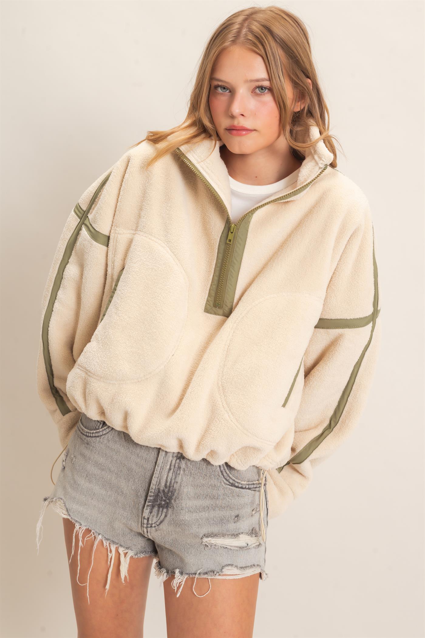 Wholesale Contrast Trim Half-Zip Fleece Pullover Outerwear HF26F206-D LIGHT BEIGE HYFVE
