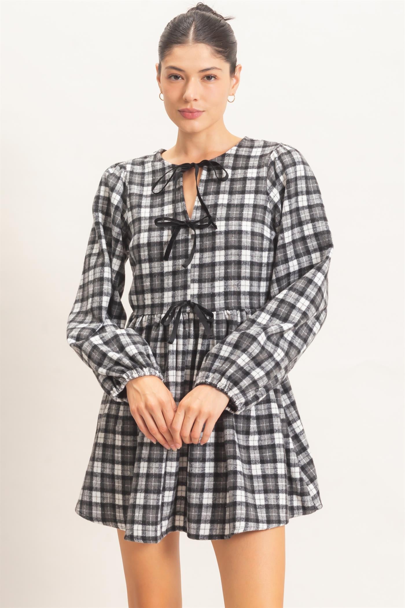 Wholesale Plaid Velvet Ribbon Tie Mini Dress Dresses HF26E965 BLACK HYFVE