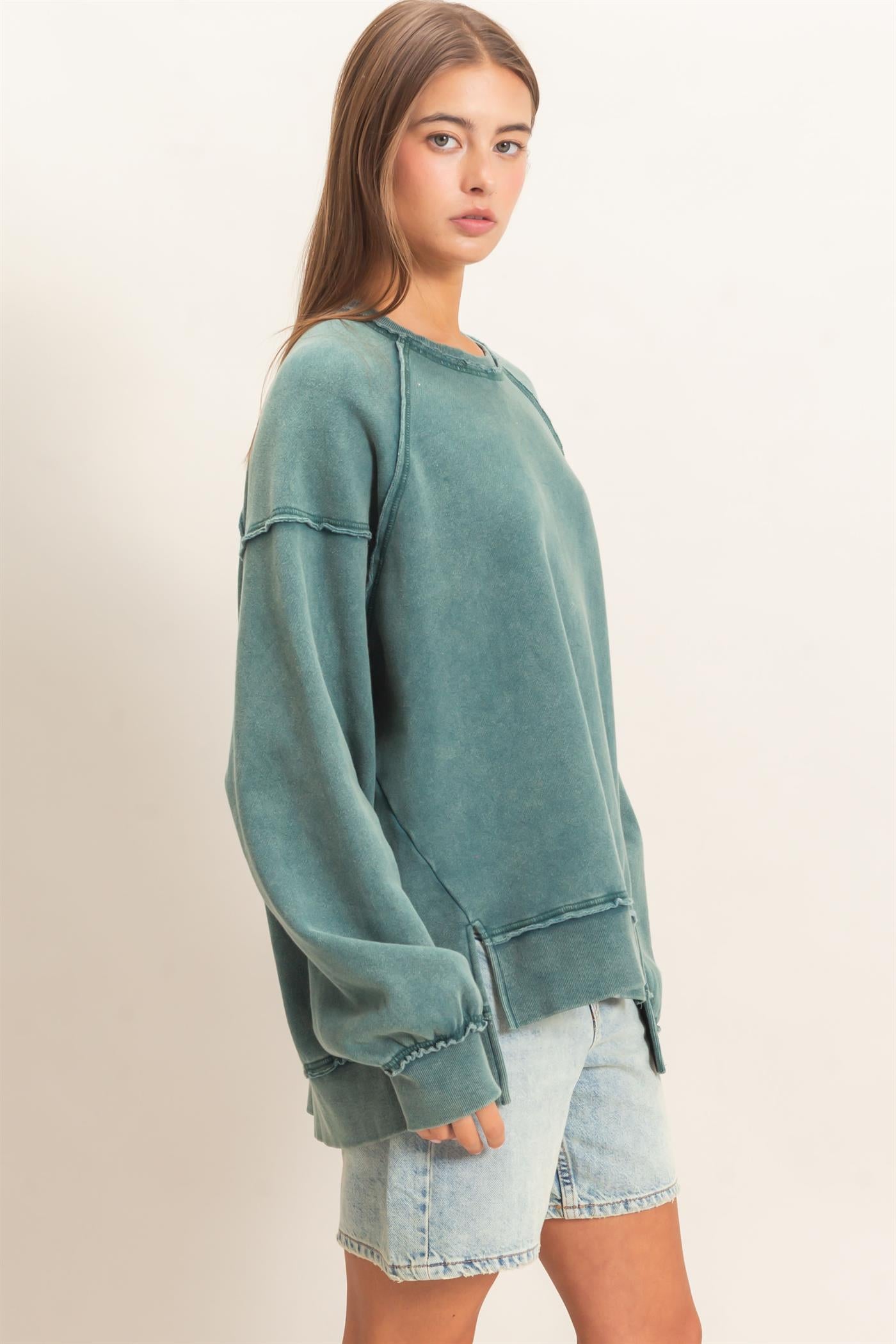 Wholesale Acid Wash Raw Edge Sweatshirt Sweatshirts DZ26C910 DARK TEAL DOUBLE ZERO