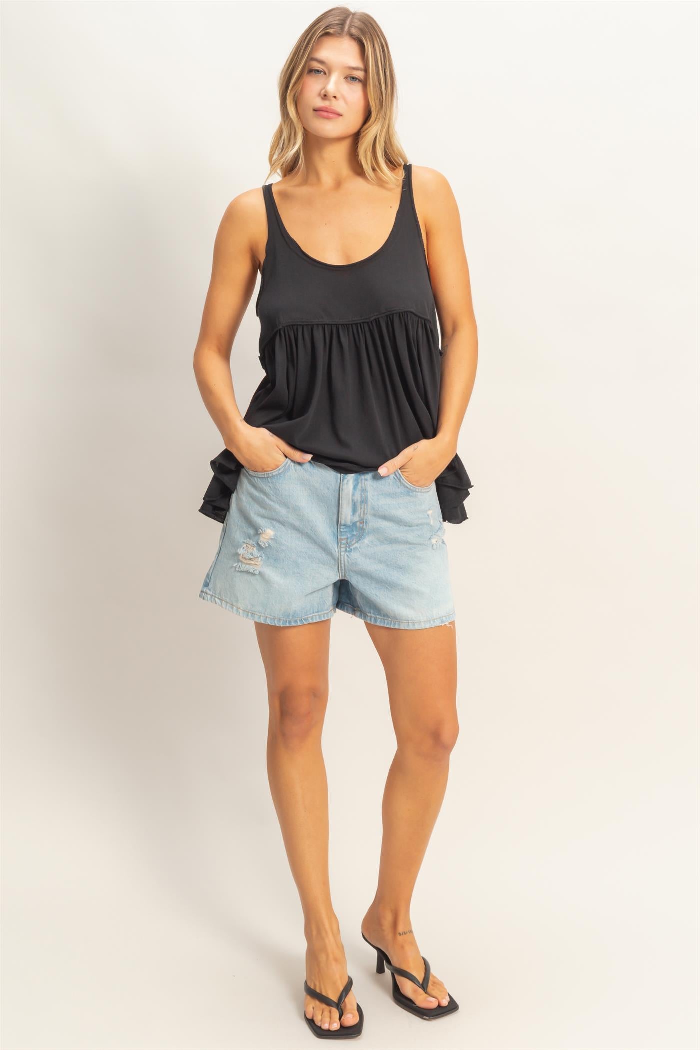 Wholesale Scoop Neck Babydoll Top Tank Tops HF26A376 BLACK HYFVE