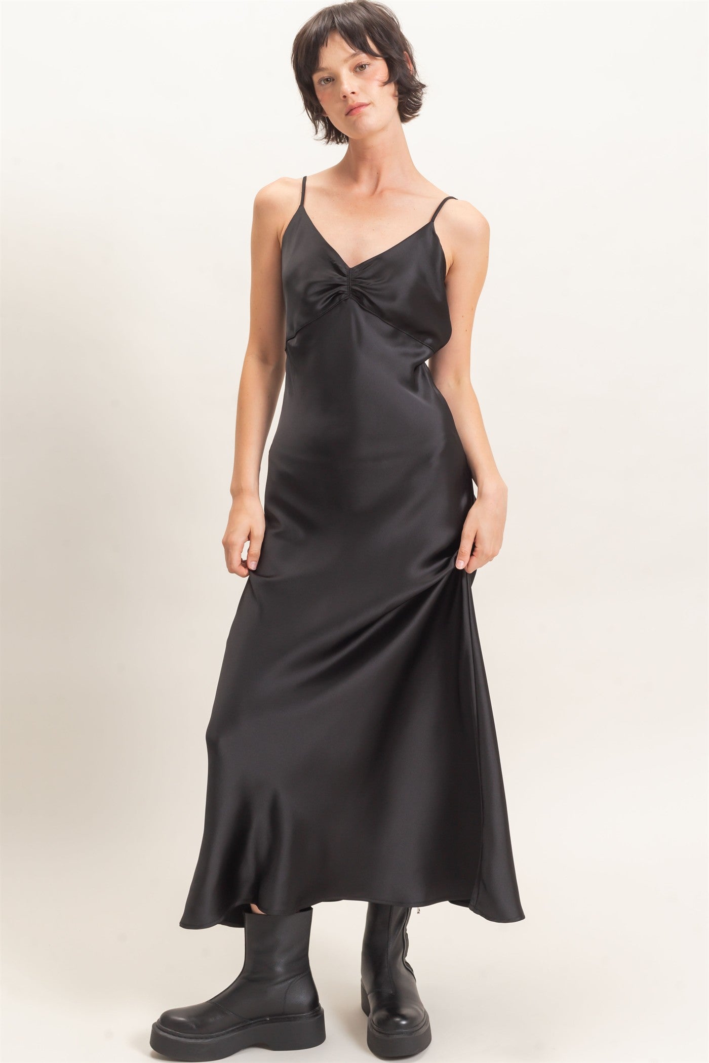 Wholesale Satin Slip Dress With Spaghetti Straps Dresses DZ26E380 BLACK DOUBLE ZERO