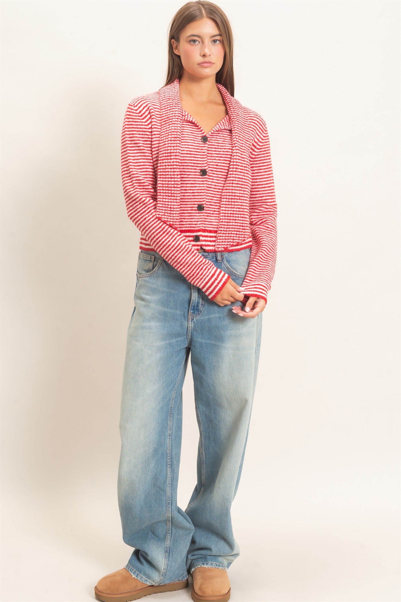 Wholesale Striped Cardigan With Scarf Cardigans DZ26E930 RED DOUBLE ZERO
