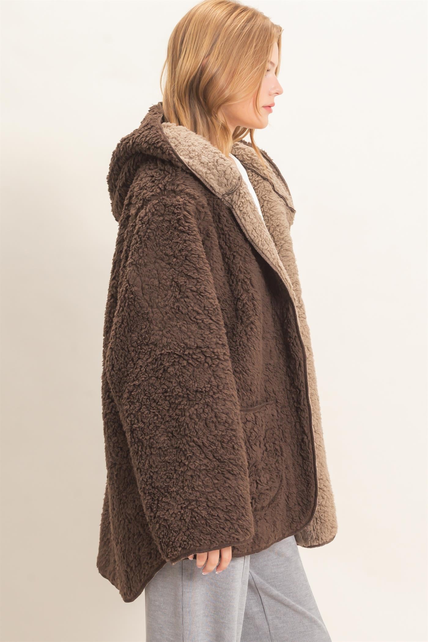 Wholesale Hooded Sherpa Jacket Coats & Jackets HF26E874 DARK BROWN HYFVE
