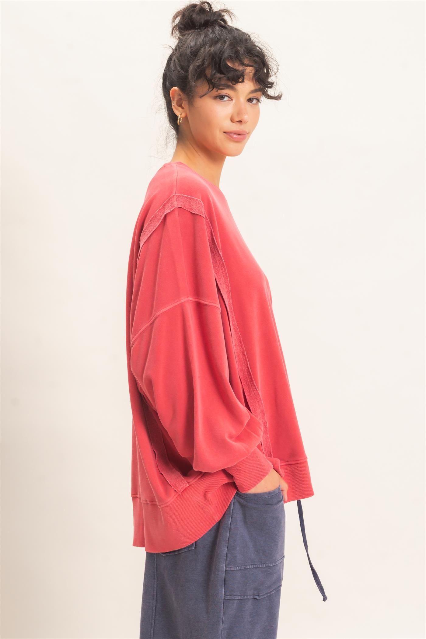 Wholesale Pigment  Dye Oversized Raw Edge Sweatshirt Sweatshirts DZ26C737 DARK RED DOUBLE ZERO