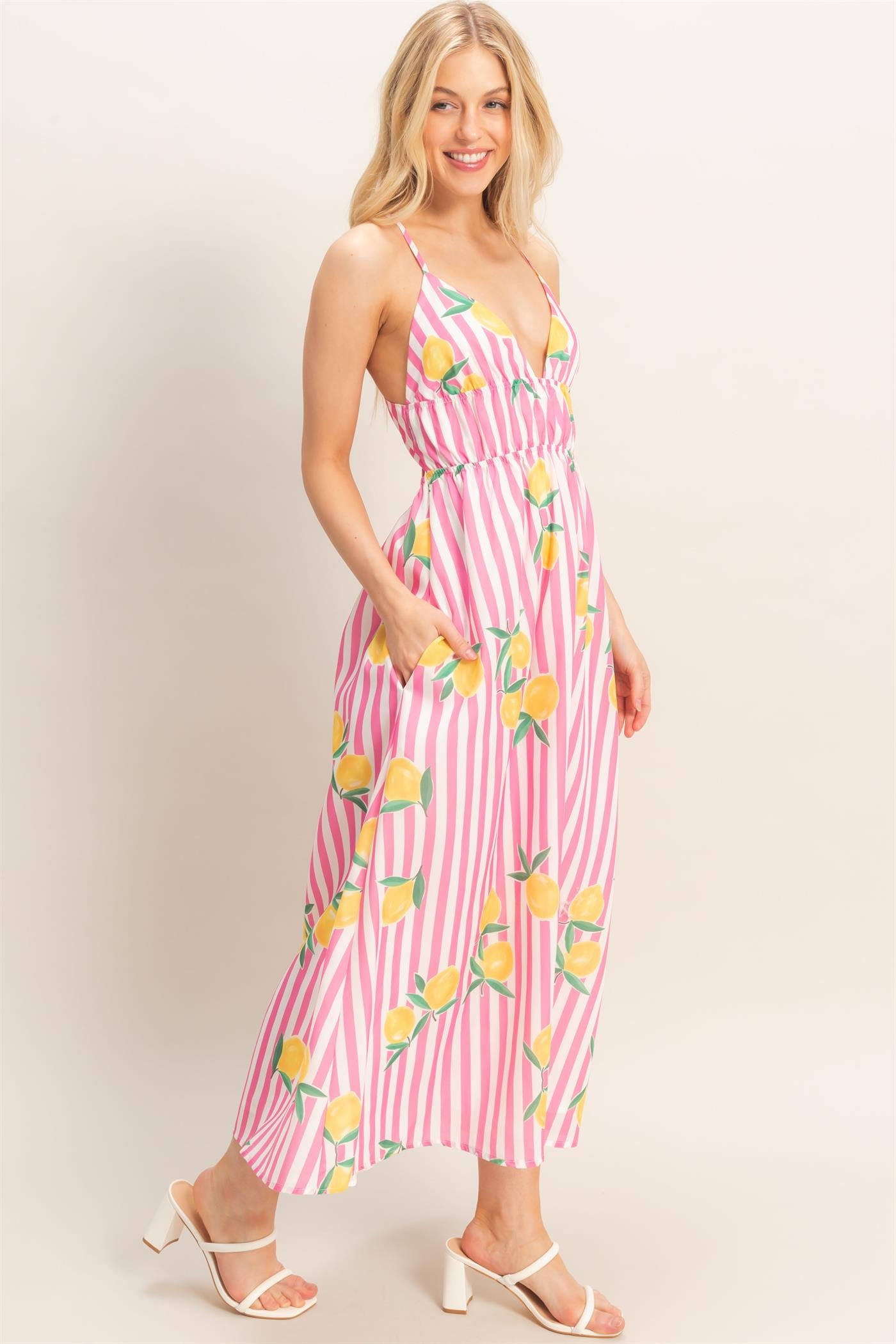 Wholesale Striped Lemon Print Midi Dress Dresses HF26C269 PINK HYFVE