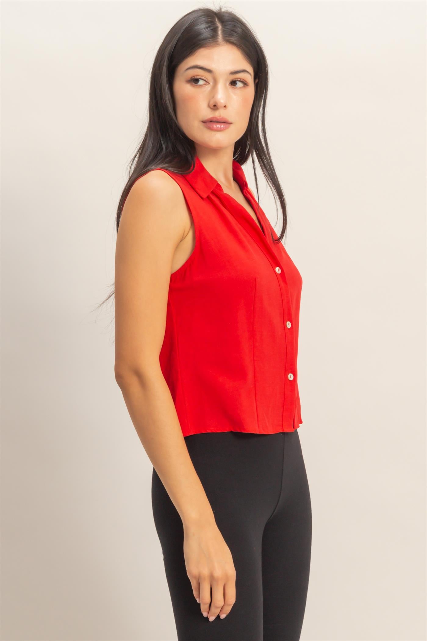 Wholesale Sleeveless Lyocell Linen Button Front Top Clothing Tops DZ26C189 RED DOUBLE ZERO