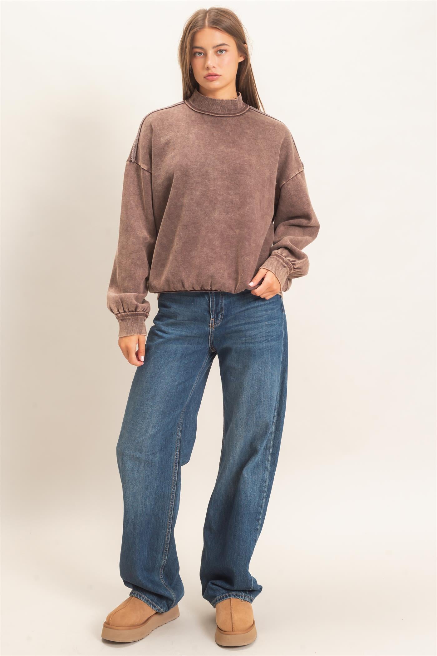 Wholesale Acid Washed Mock Neck Sweatshirt Sweatshirts DZ26E656 DARK BROWN DOUBLE ZERO