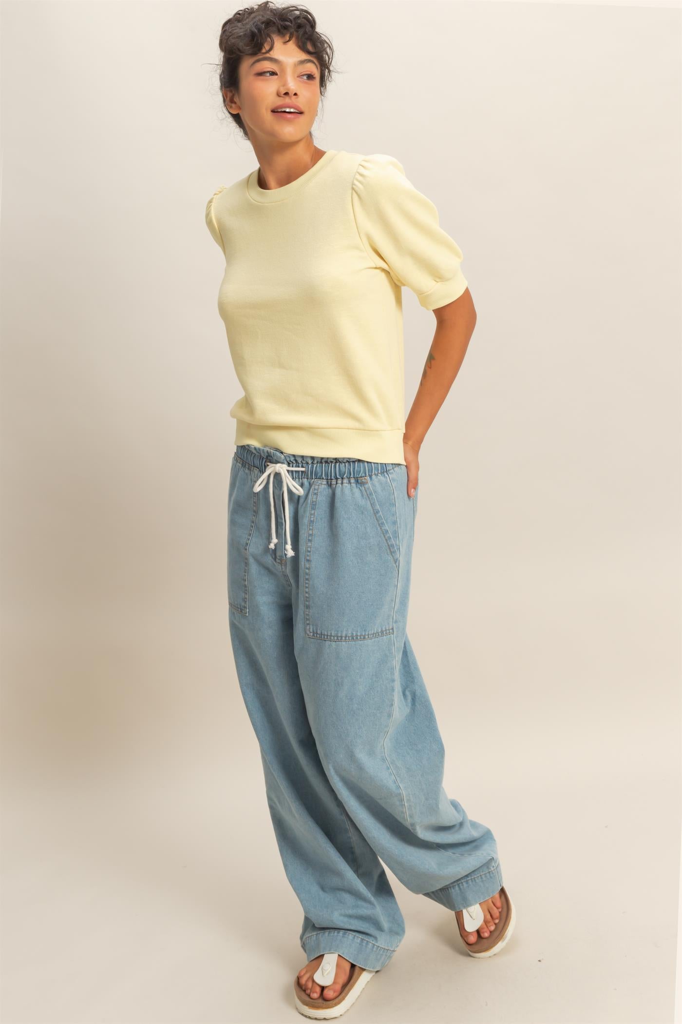 Wholesale Puff Short Sleeve Crew Neck Top Clothing Tops DZ26A927 PALE YELLOW DOUBLE ZERO