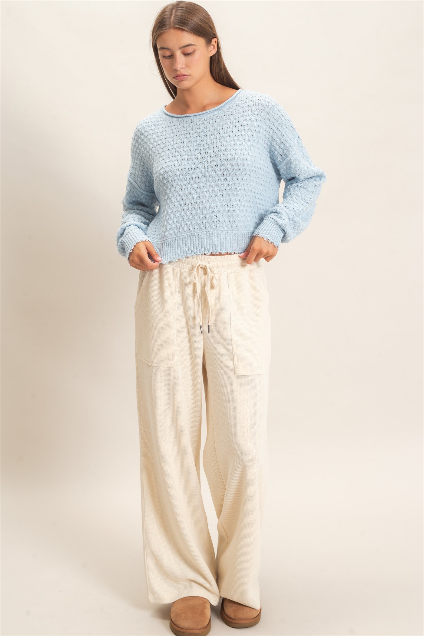 Wholesale Textured Boat Neck Sweater Sweaters DZ26E880 ICE BLUE DOUBLE ZERO