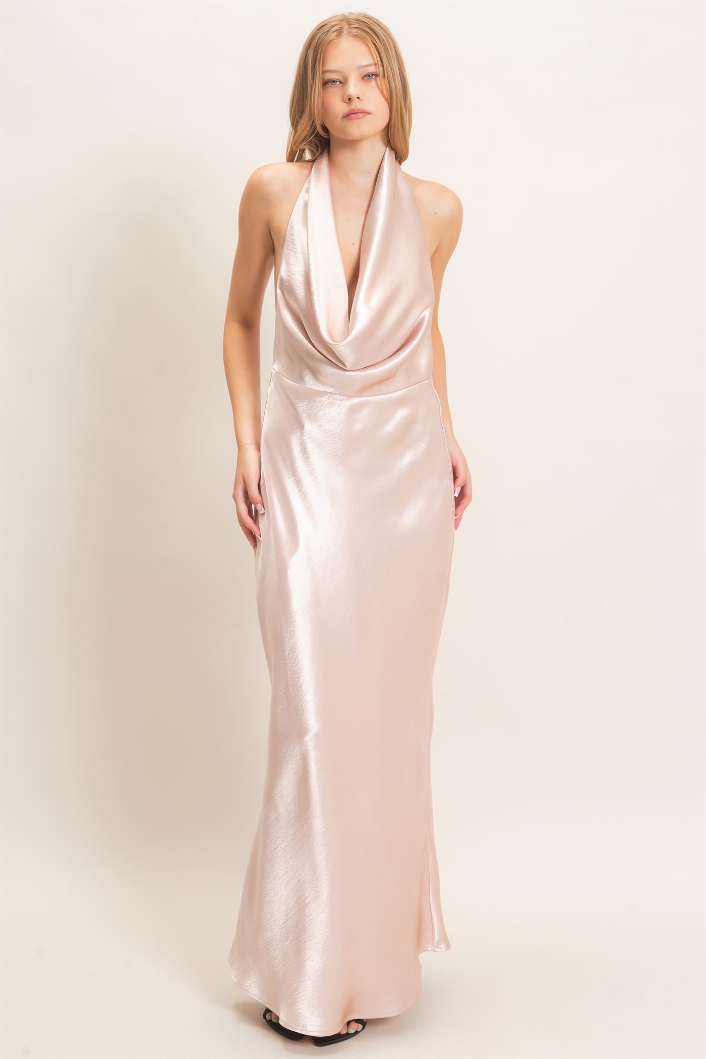 Wholesale Satin Cowl Neck Maxi Dress Dresses HF26F216-D BLUSH HYFVE
