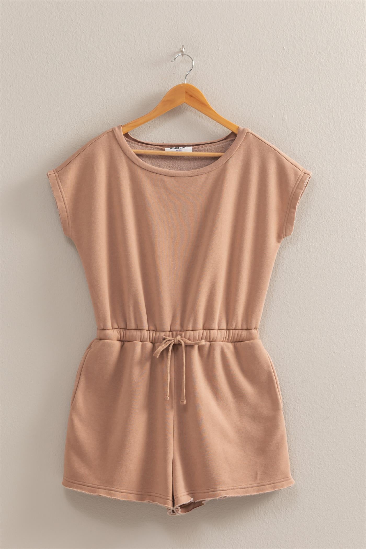 Wholesale Cap Sleeve Drawstring Waist Romper Clothing DZ25A782 DARK TAUPE DOUBLE ZERO