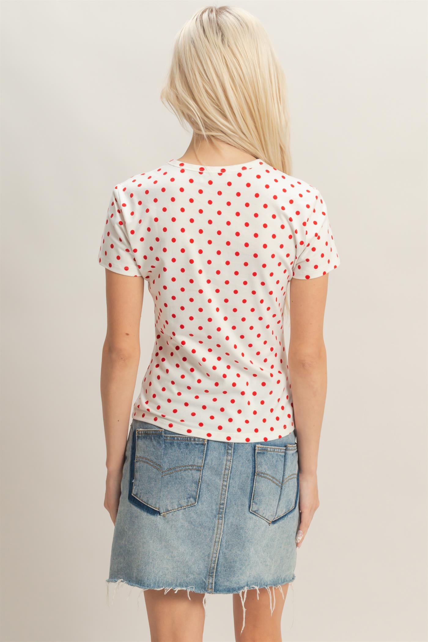 Wholesale Polka Dot Short Sleeve Crew Neck Top Clothing Tops DZ26C383 RED DOUBLE ZERO