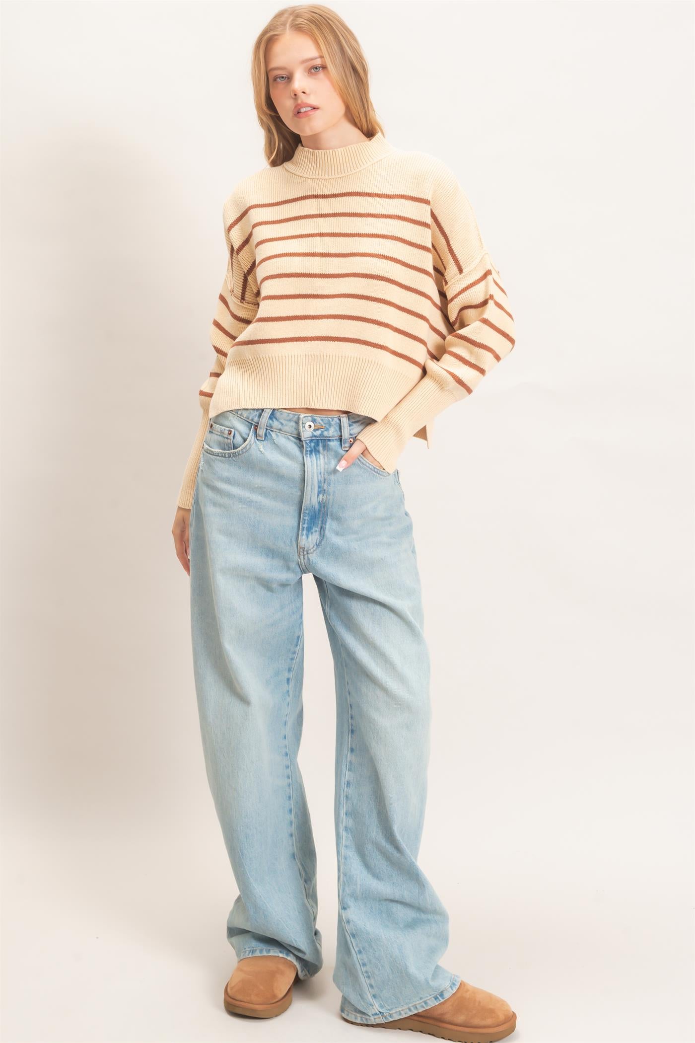 Wholesale Striped Mock Neck Cropped Sweater Sweaters HF26F192 BROWN HYFVE