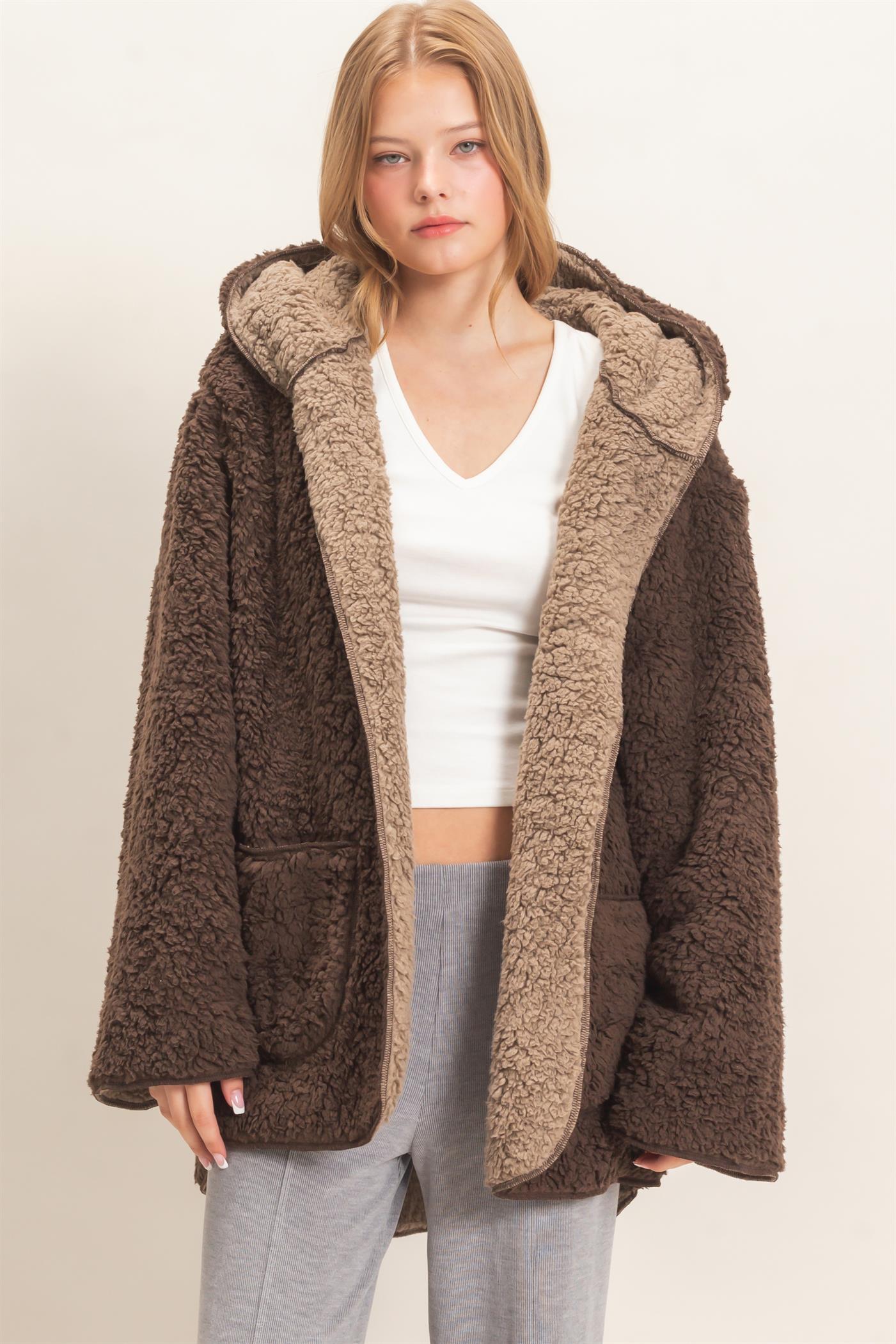 Wholesale Hooded Sherpa Jacket Coats & Jackets HF26E874 DARK BROWN HYFVE