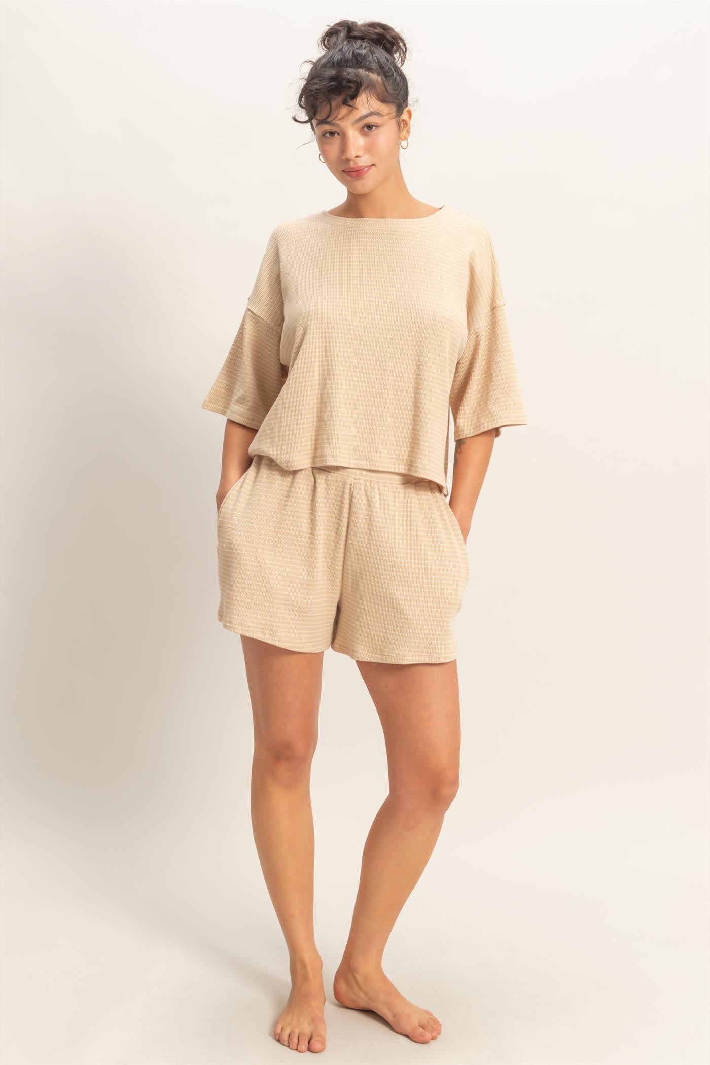 Wholesale Striped Round Neck Top & Shorts Set Clothing DZ26A045-SET TAUPE DOUBLE ZERO