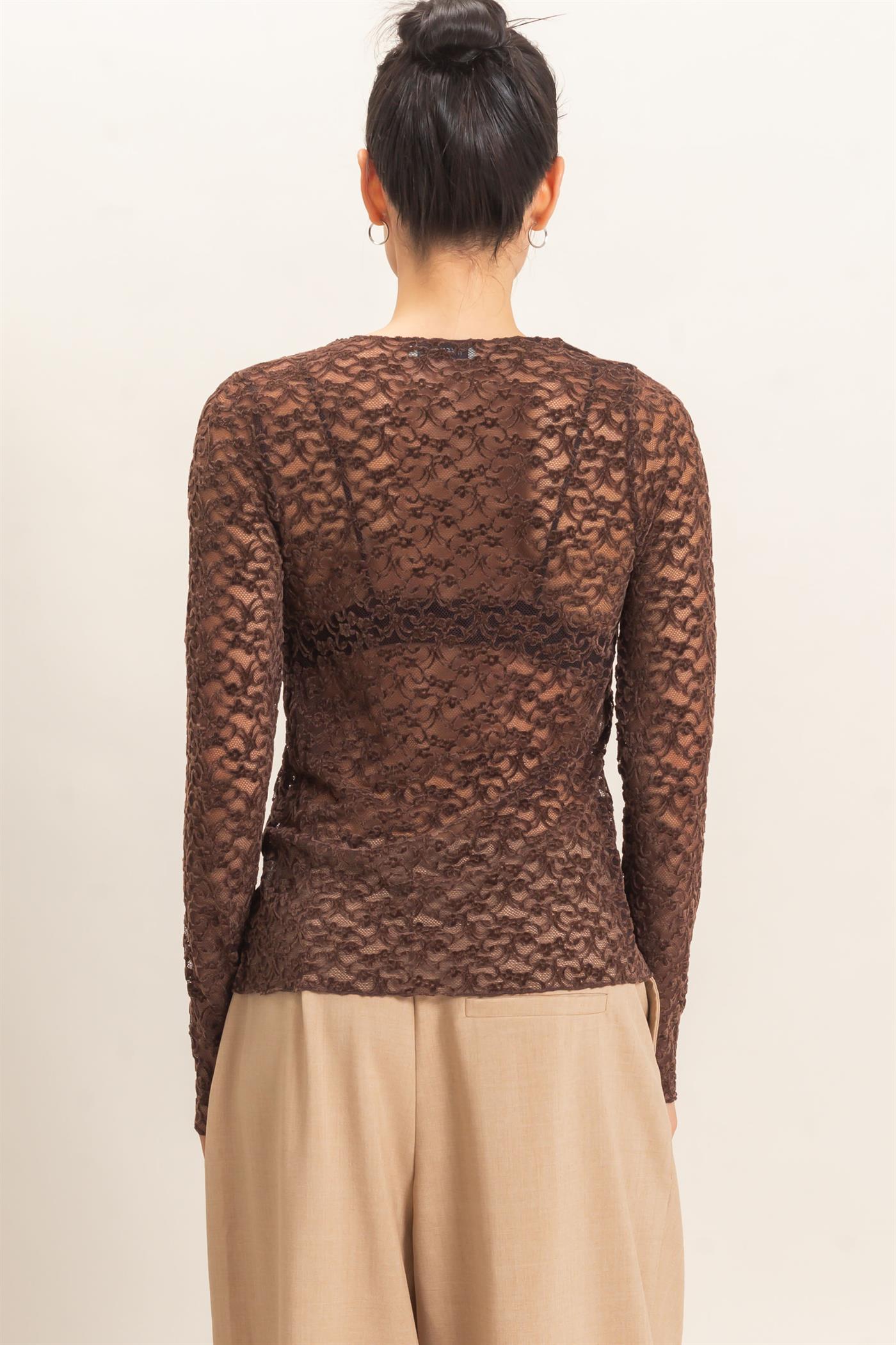 Wholesale Flocked Lace Long Sleeve Cardigan Clothing Tops HF26E415 CHOCOLATE HYFVE