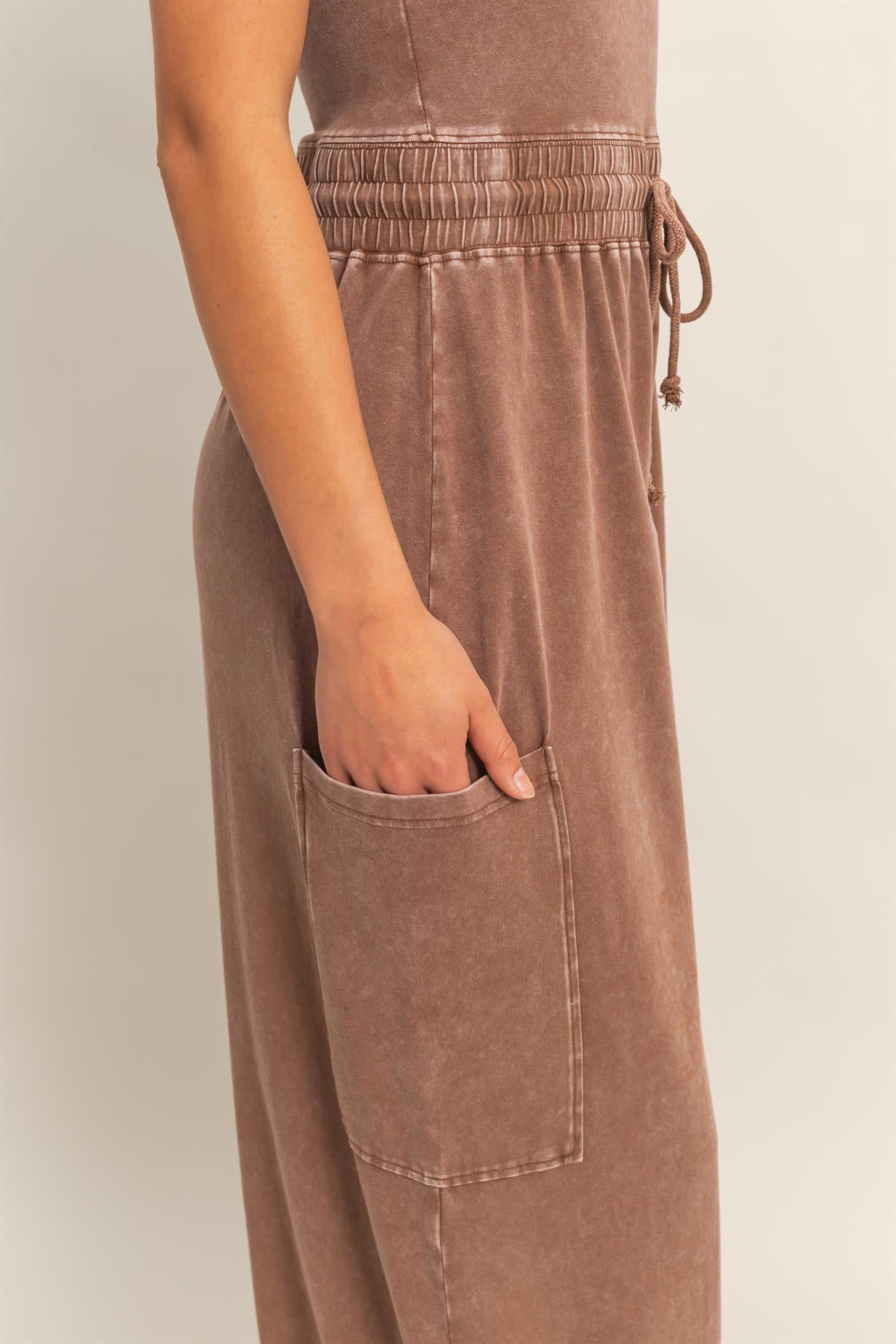 Wholesale Mineral Wash Strapless Wide-Leg Jumpsuit Clothing DZ26C376 CHOCOLATE DOUBLE ZERO