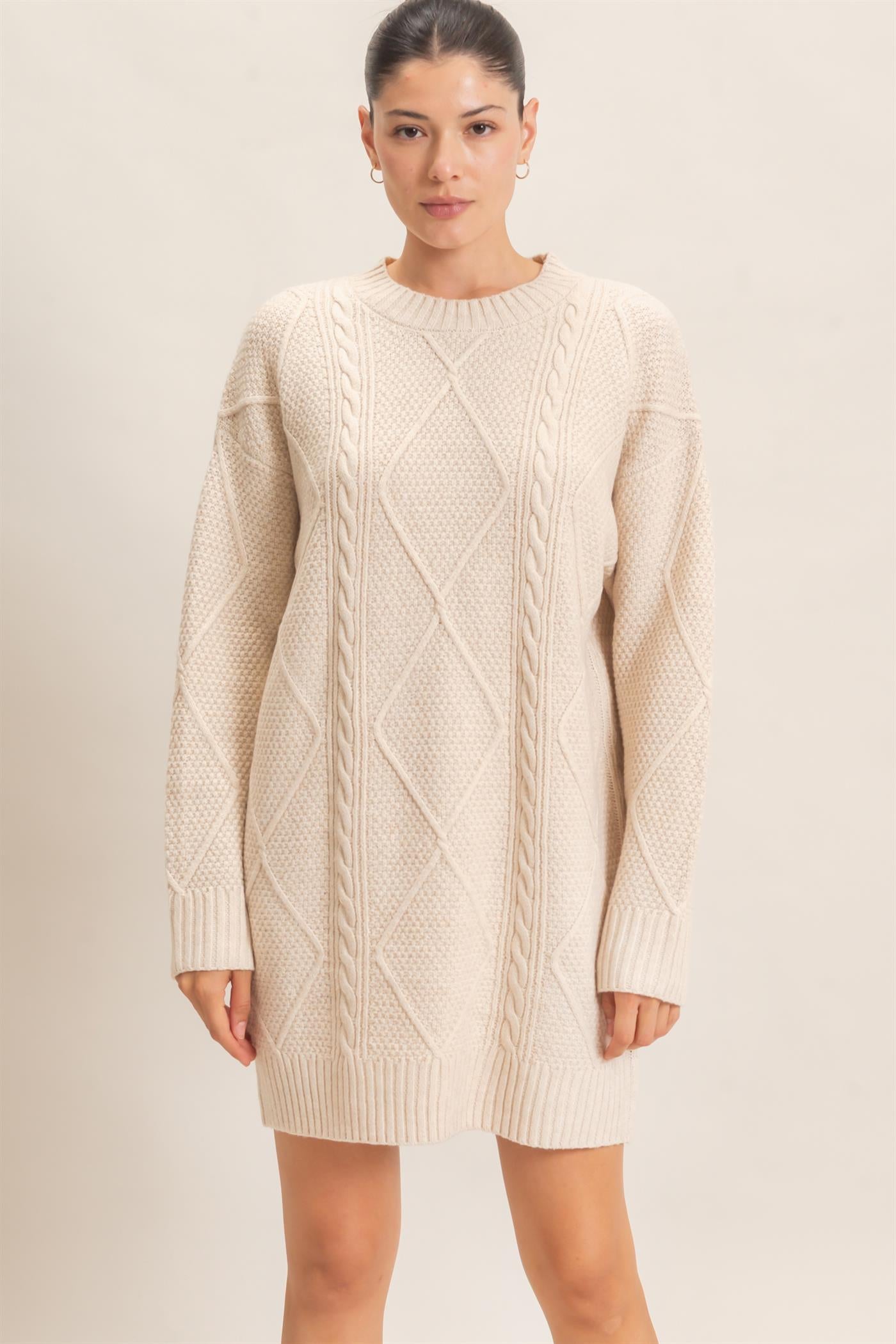 Wholesale Cable Knit Crew Neck Dress Dresses HF26F006 CREAM HYFVE