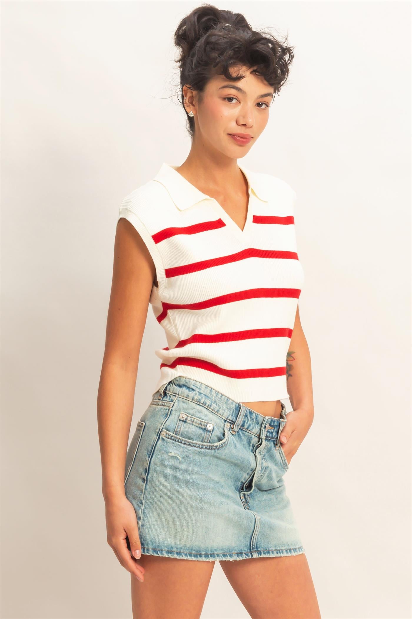 Wholesale Collared Striped Polo Vest Clothing Tops DZ26A337 RED DOUBLE ZERO
