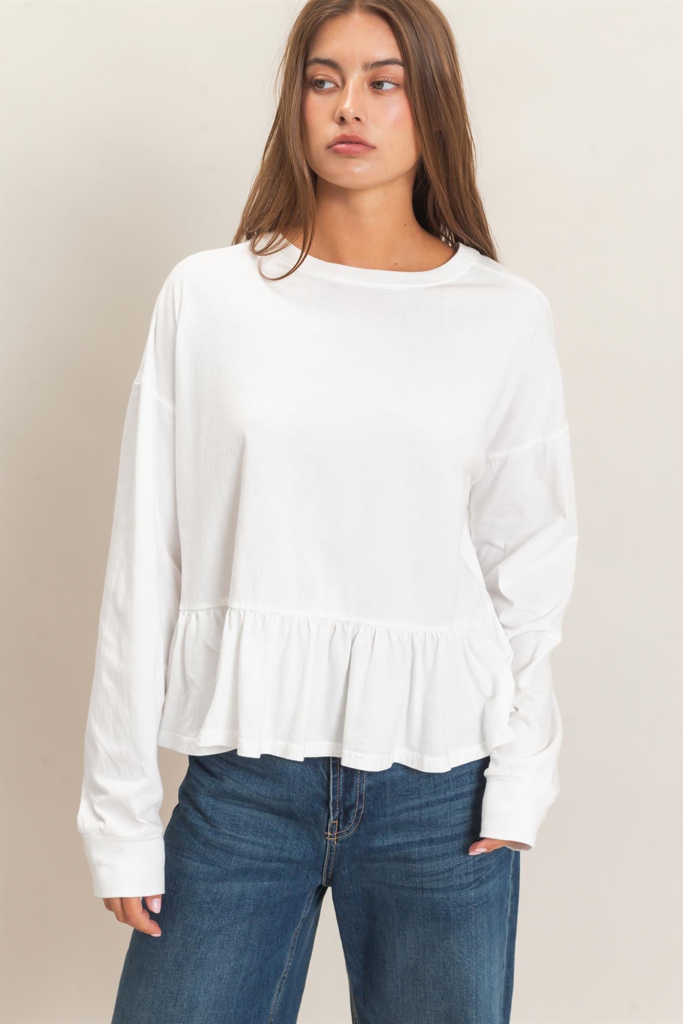 Wholesale Peplum Long Sleeve Top Clothing Tops DZ26F397 WHITE DOUBLE ZERO