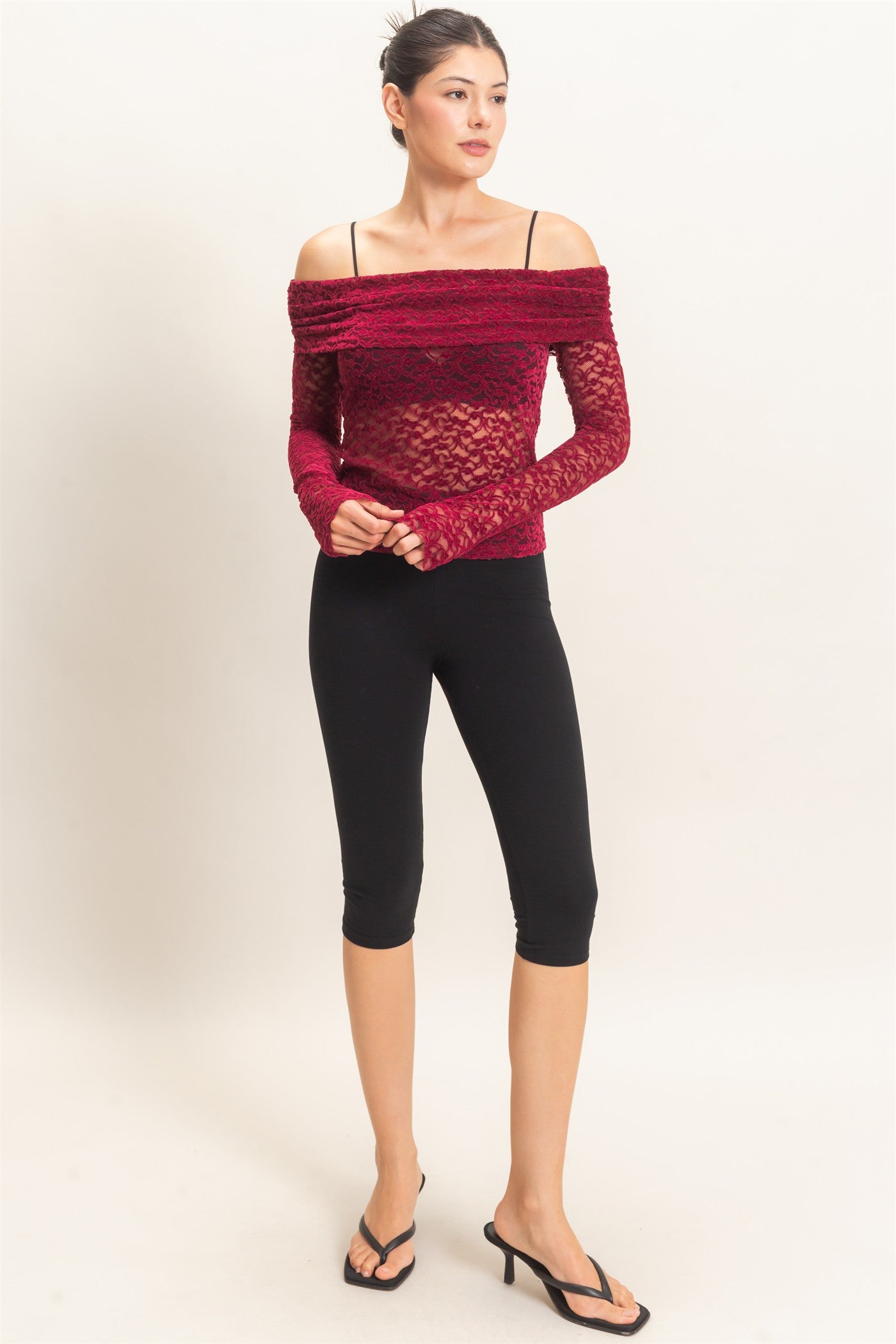 Wholesale Off-Shoulder Lace Top Clothing Tops HF26E407 BURGUNDY HYFVE