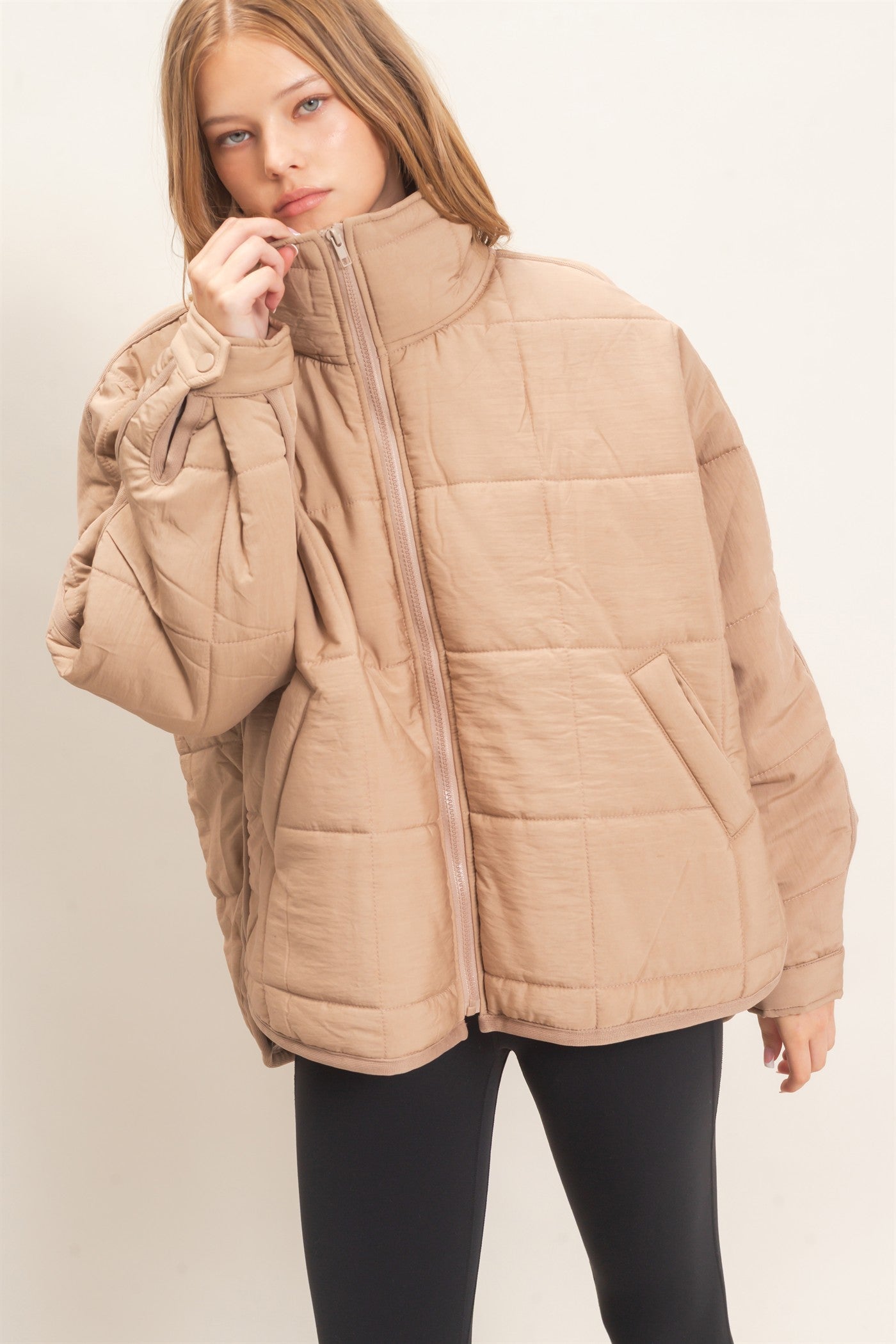 Wholesale Quilted Mock Neck Zip-Up Puffer Jacket Coats & Jackets HF26C865 LIGHT BROWN HYFVE