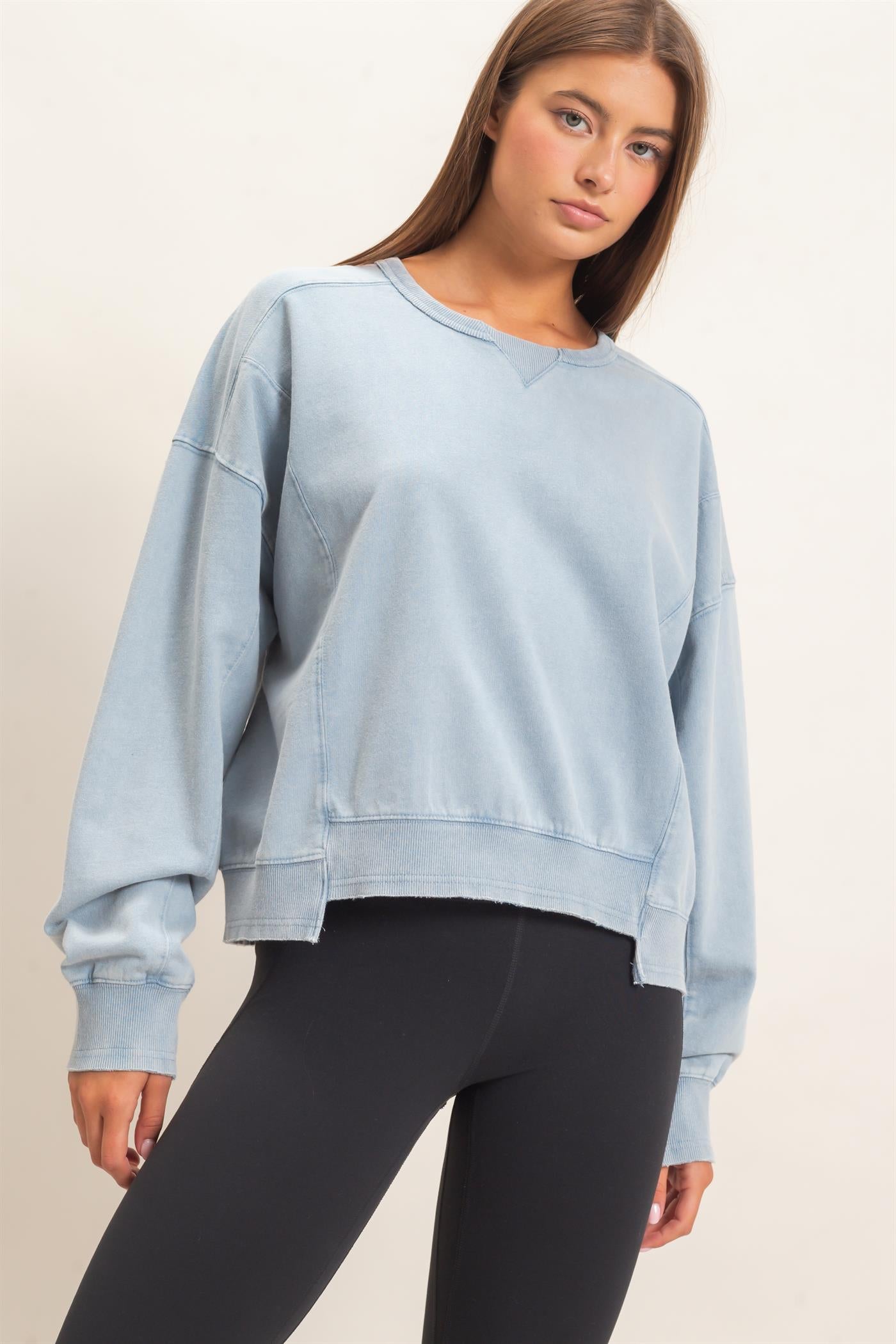 Wholesale Acid Wash Seam Detail Crew Neck Sweatshirt Sweatshirts DZ26E260 DUSTY BLUE DOUBLE ZERO