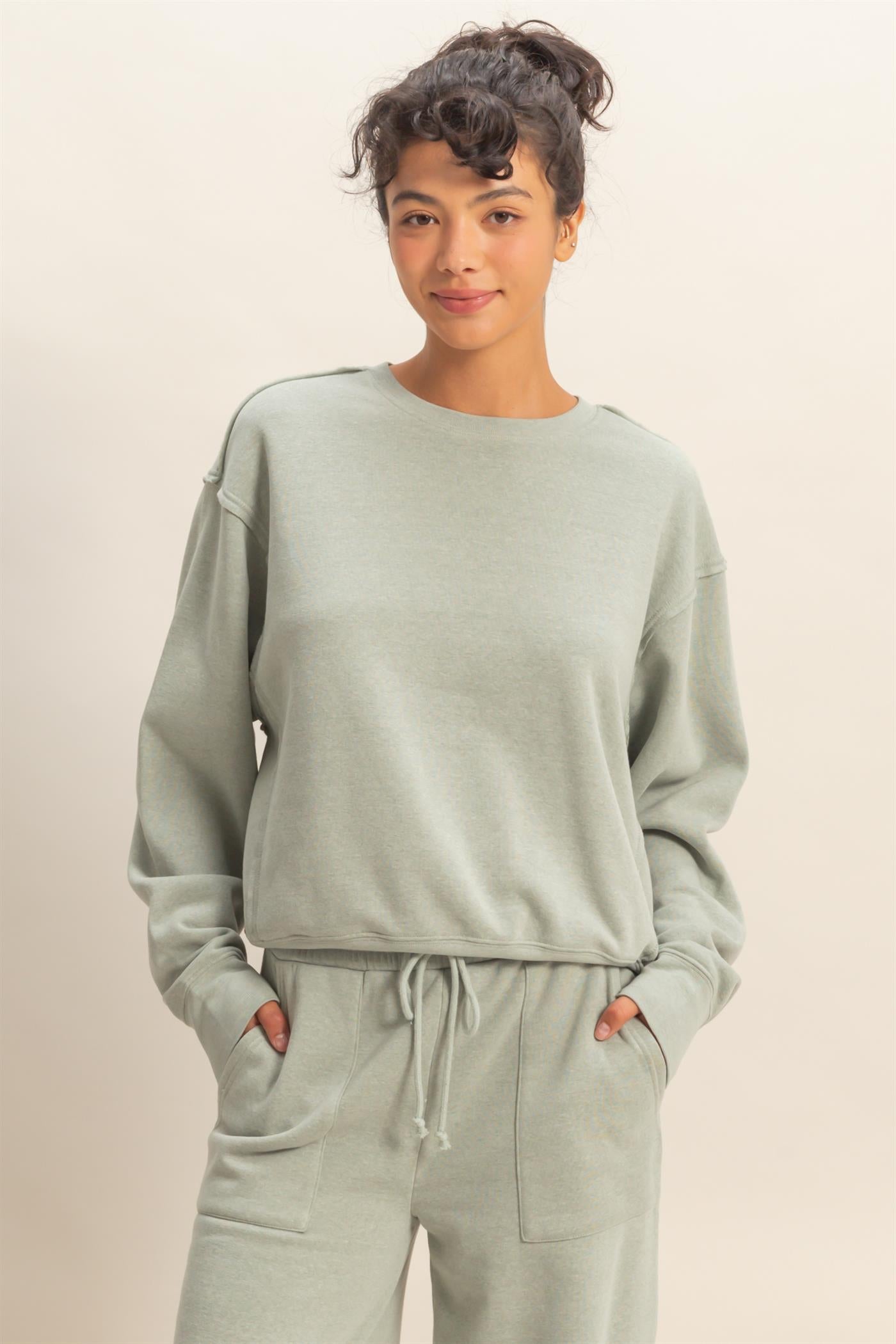 Wholesale Raw Edge Detail Burnout Sweatshirt Sweatshirts DZ26A048 SAGE GREEN DOUBLE ZERO
