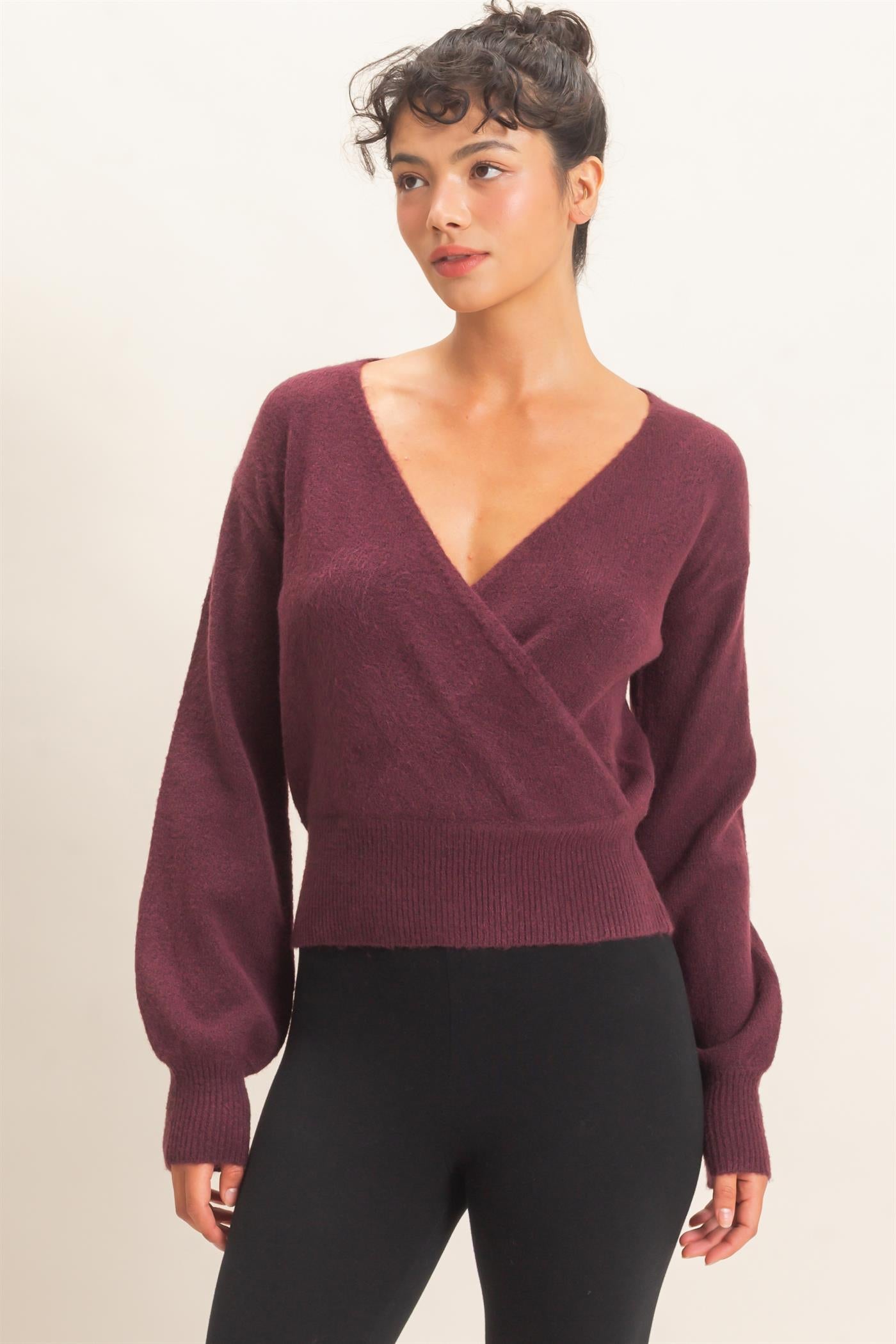 Wholesale Wrap V Neck Sweater Sweaters DZ26E948 DARK CHERRY DOUBLE ZERO