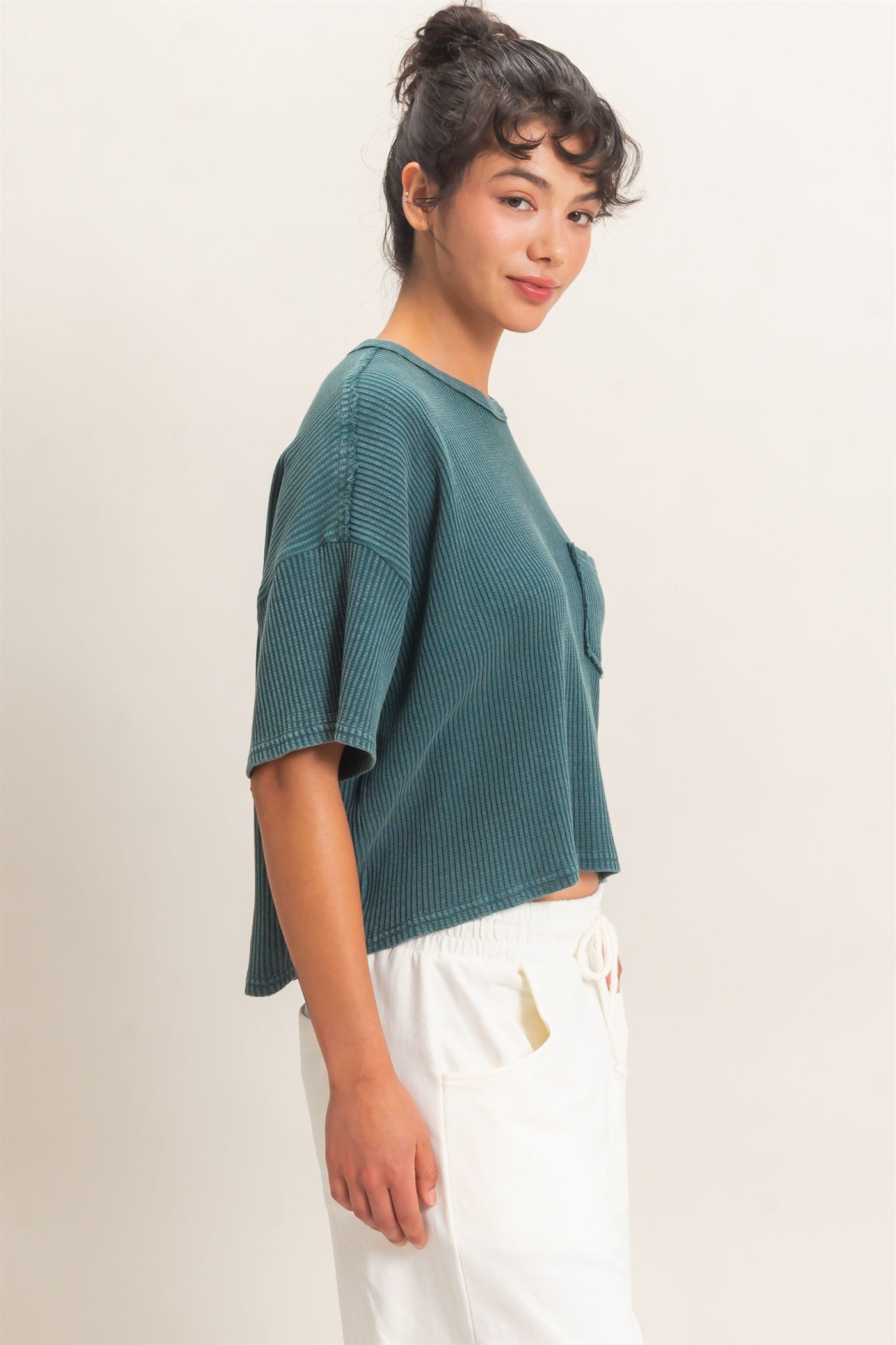 Wholesale Mineral Wash Waffle Knit Pocket Top Clothing Tops DZ26E222 DARK TEAL DOUBLE ZERO